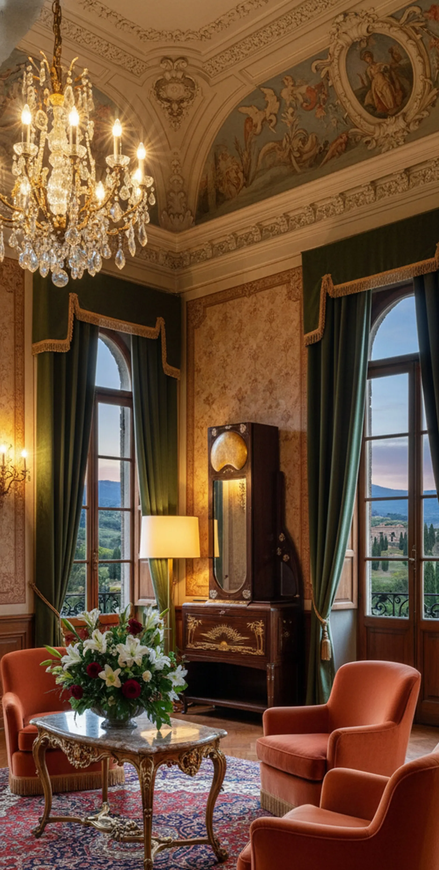 salon élégant avec une lampe, des chaises et un livre ancien