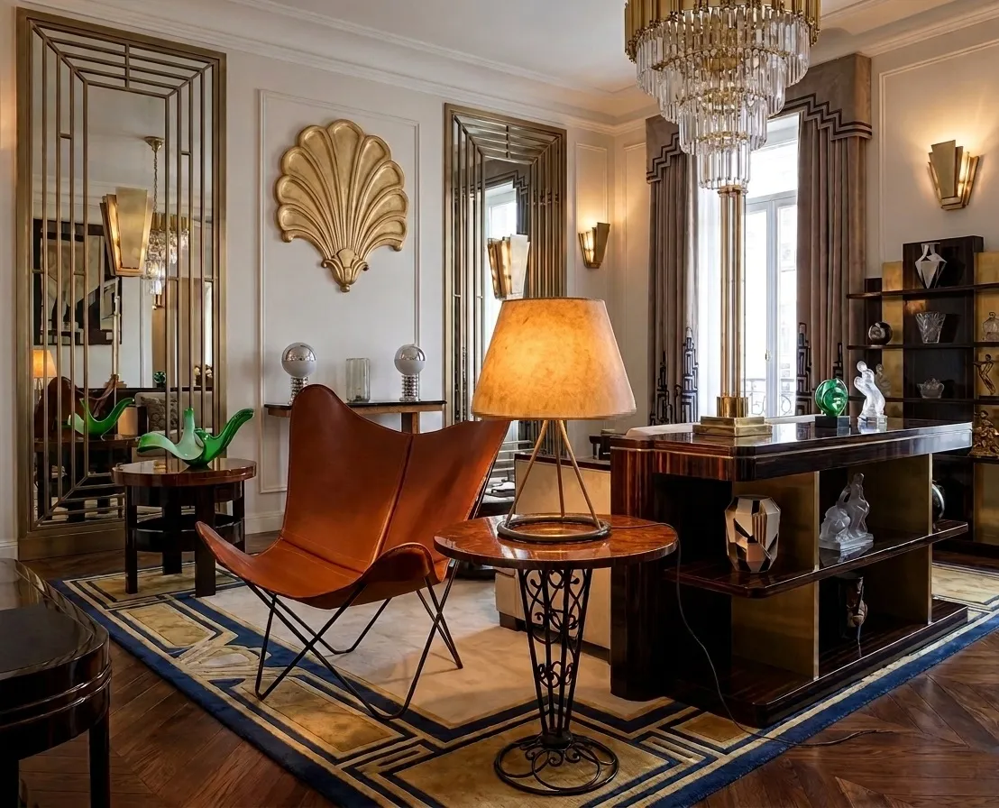 Sala decorada com antigüidades e móveis elegantes, luminárias e decorações