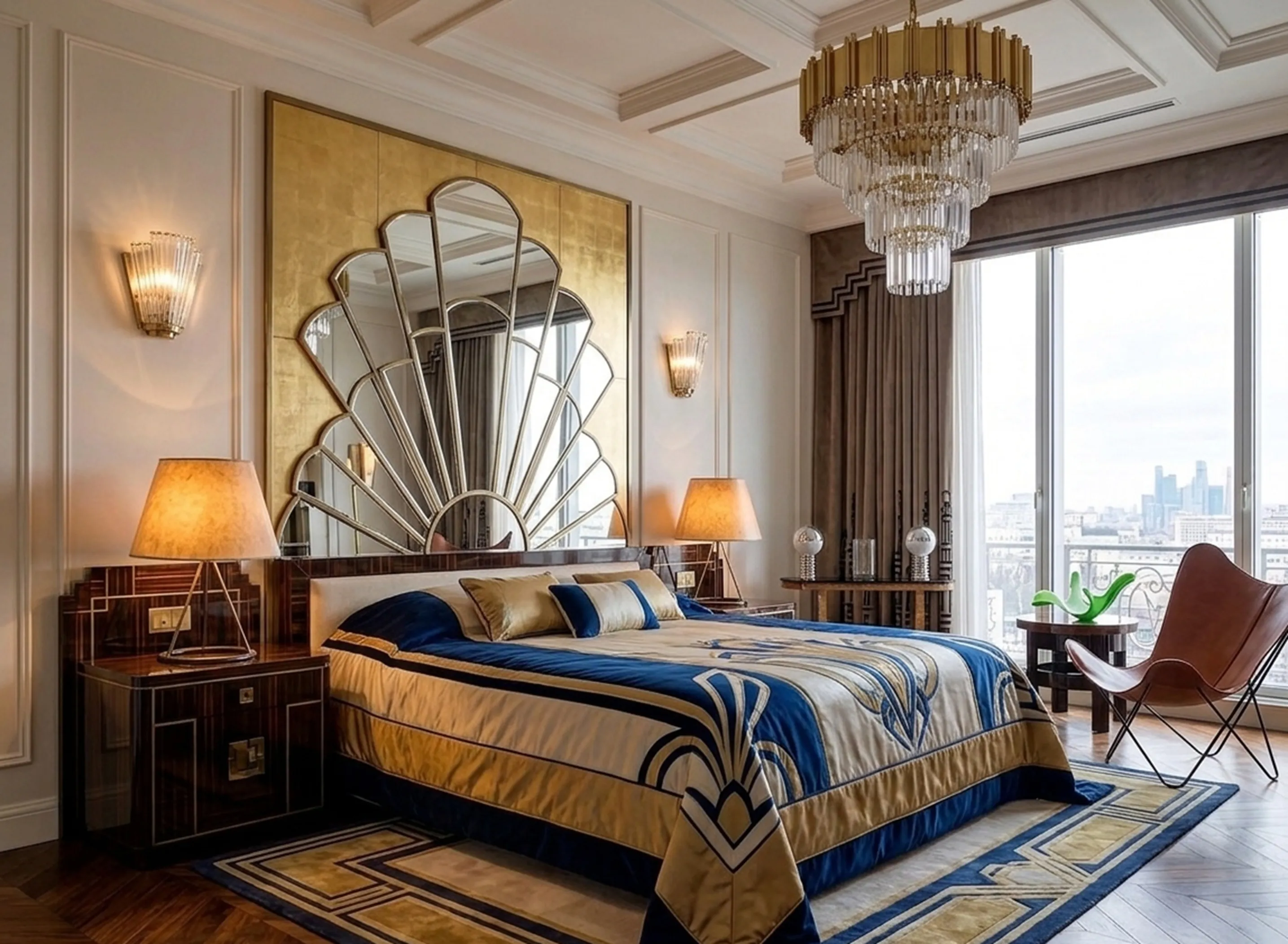 Antique chandeliers and lamps in an elegant bedroom