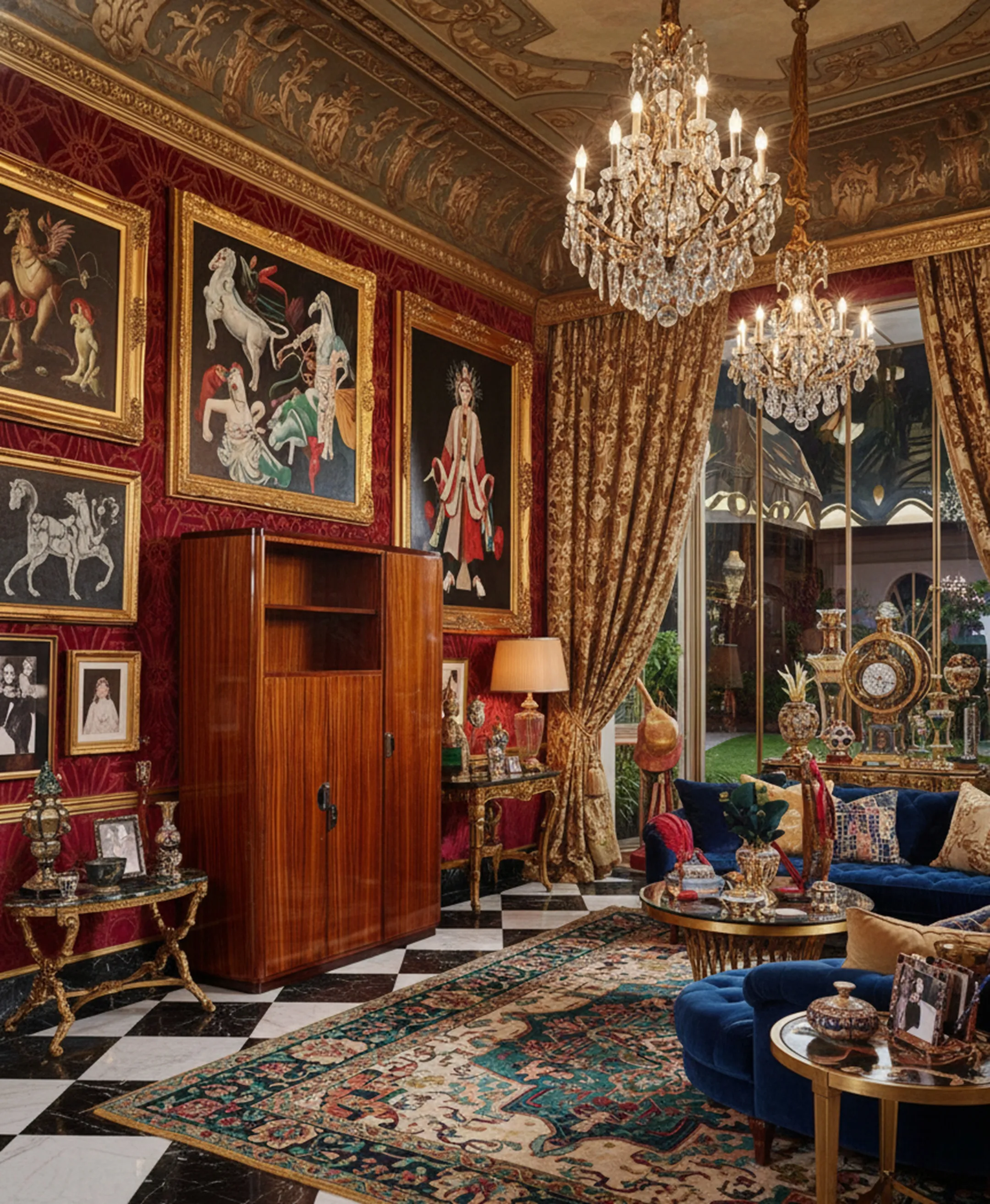 antique bookcase in a luxurious living room with art