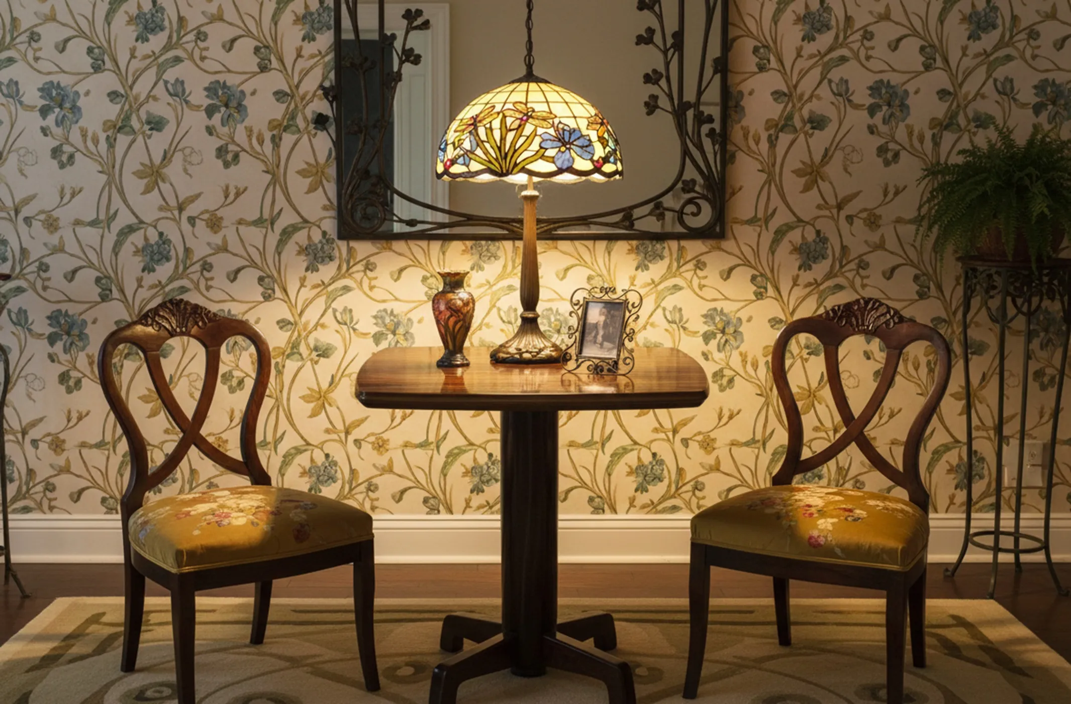 Antique small table with light, decorations, and a cozy ambiance.