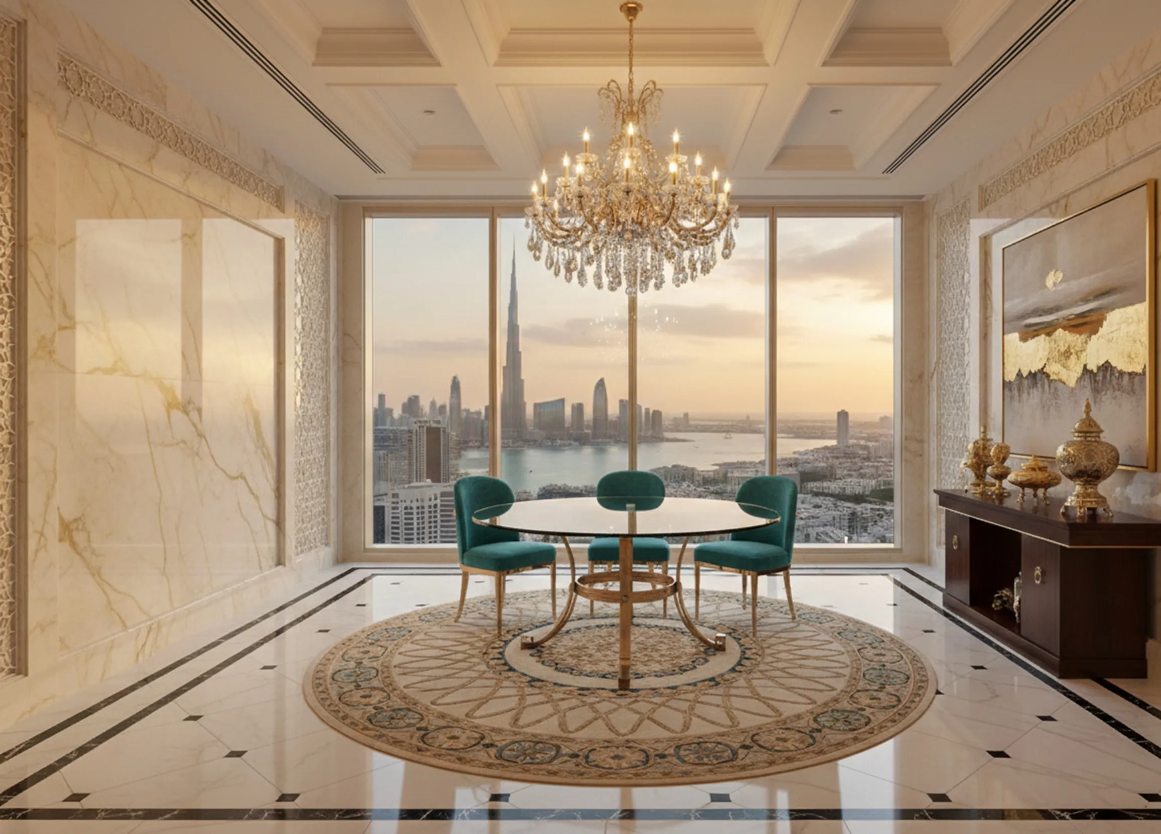 Antique dining table for 6 people with chairs and a stunning view.