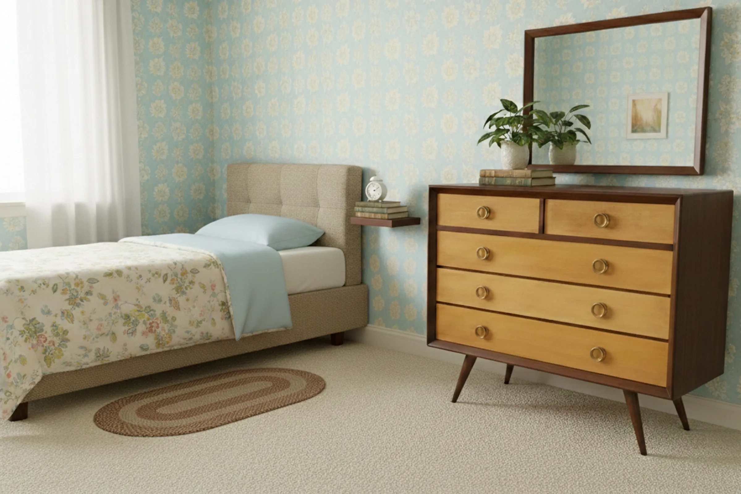 Antique cabinet with six drawers in a cozy setting