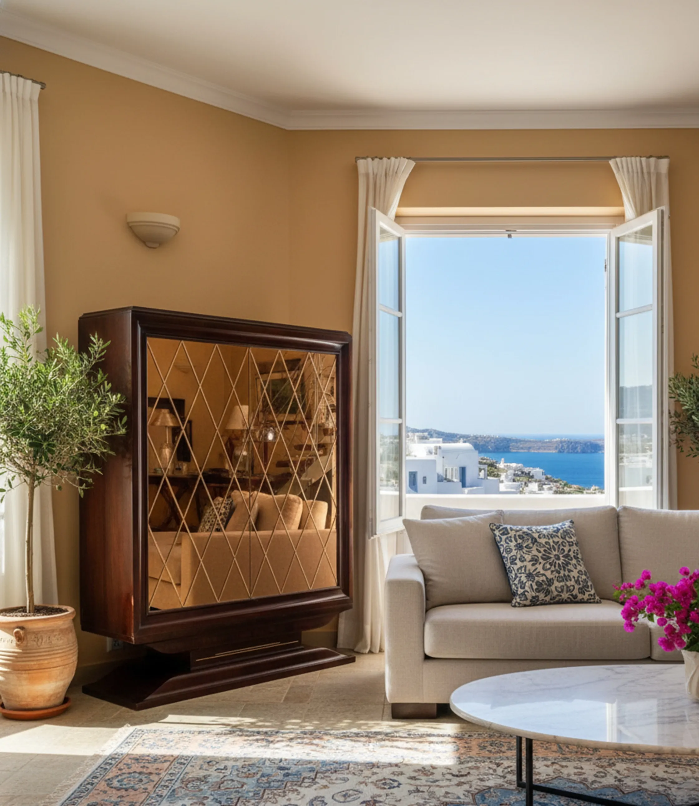 Antique bar cabinet with decorative design and sea view