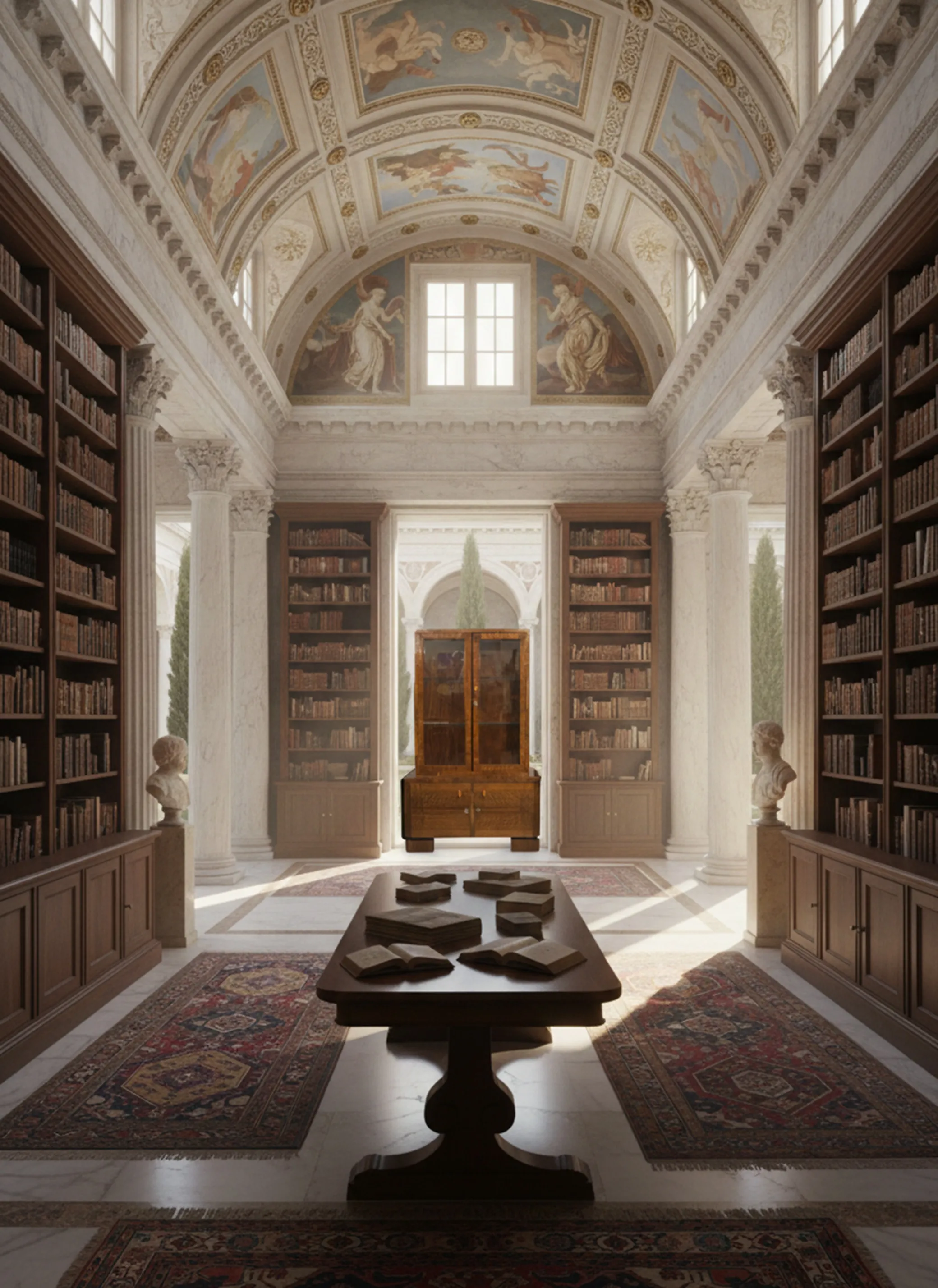 Antique bookcase with shelves of books, classic decor and rugs