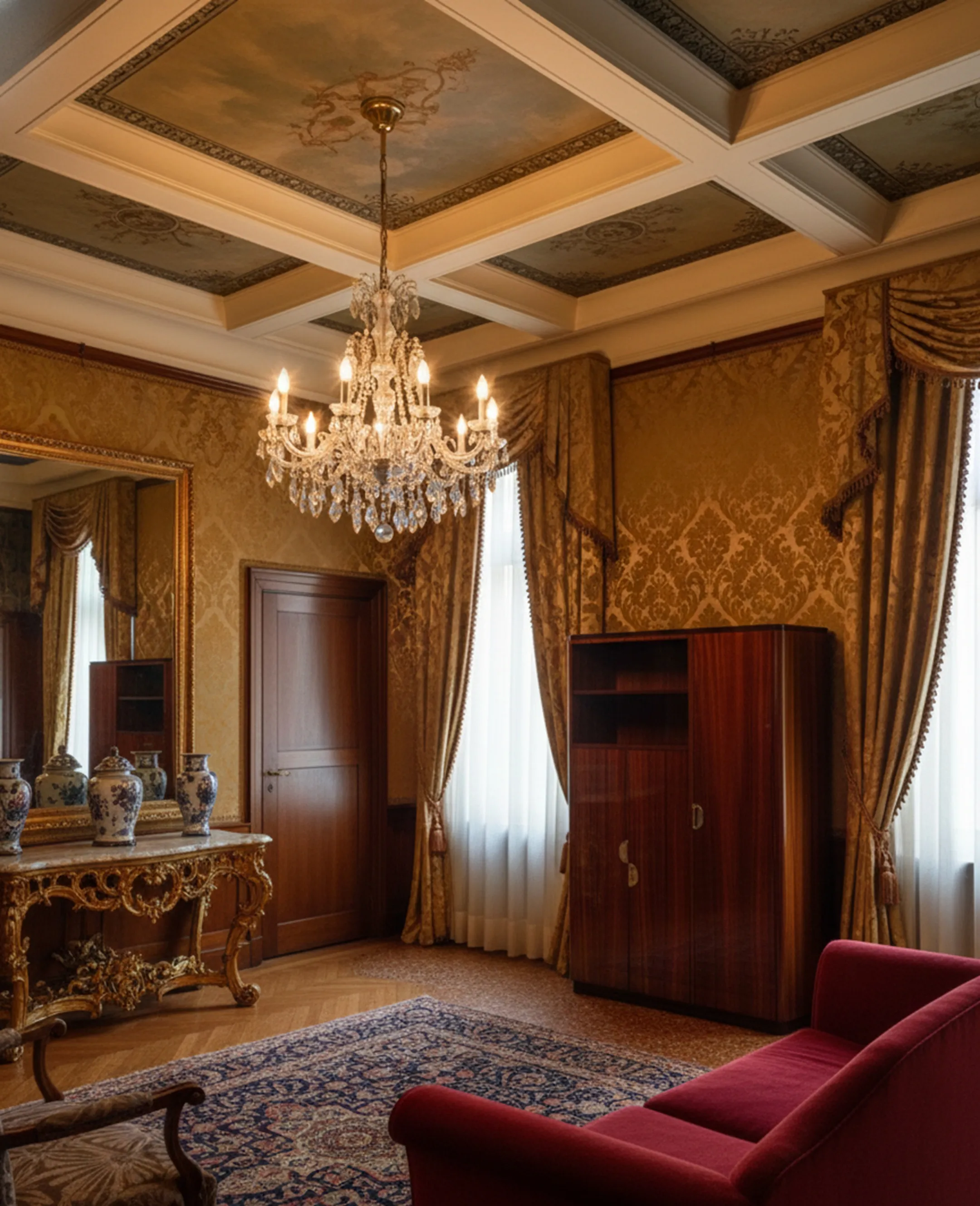 antique bookcase in an elegant living room with chandelier