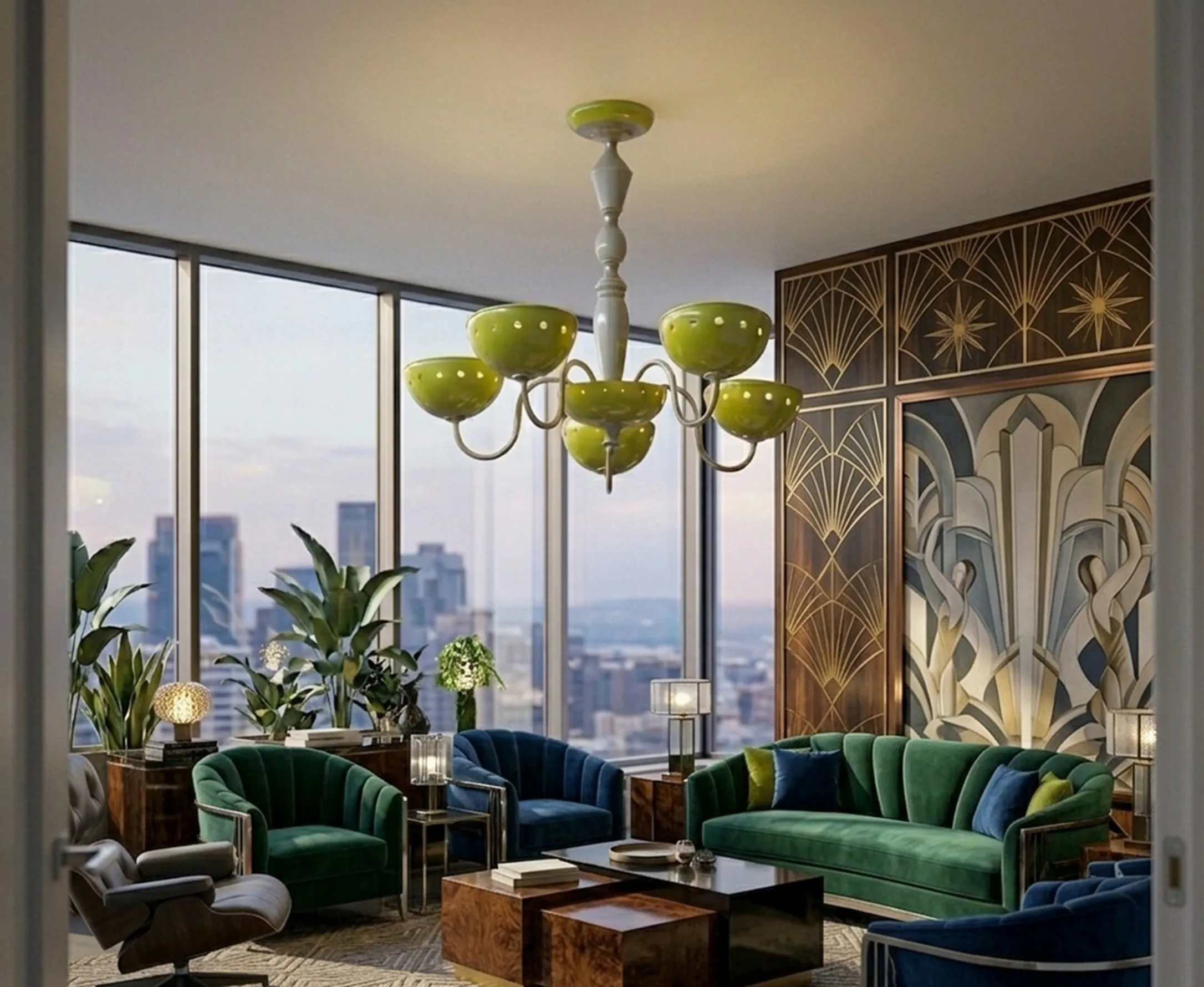 Antique hanging lamp with green details in a modern setting