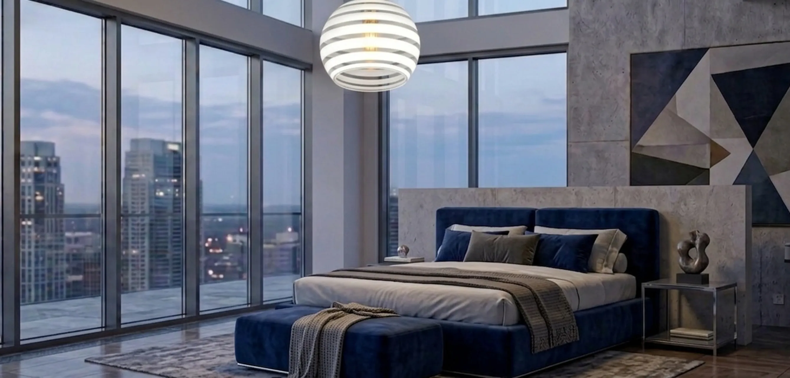 circular white hanging lamp in modern room with a view