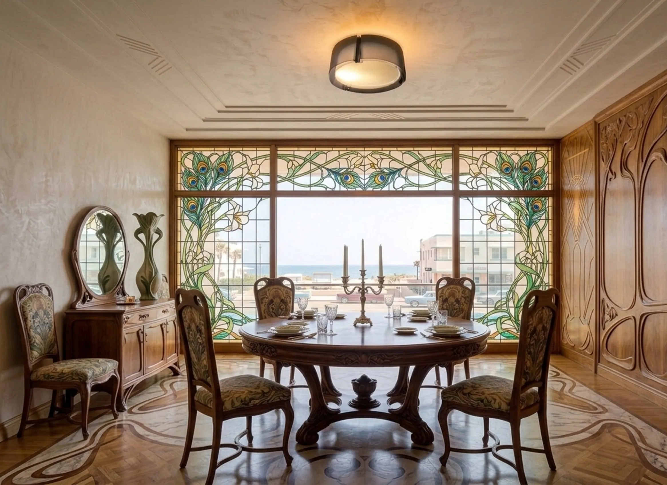 antique ceiling light illuminating an elegant dining room with classic furniture