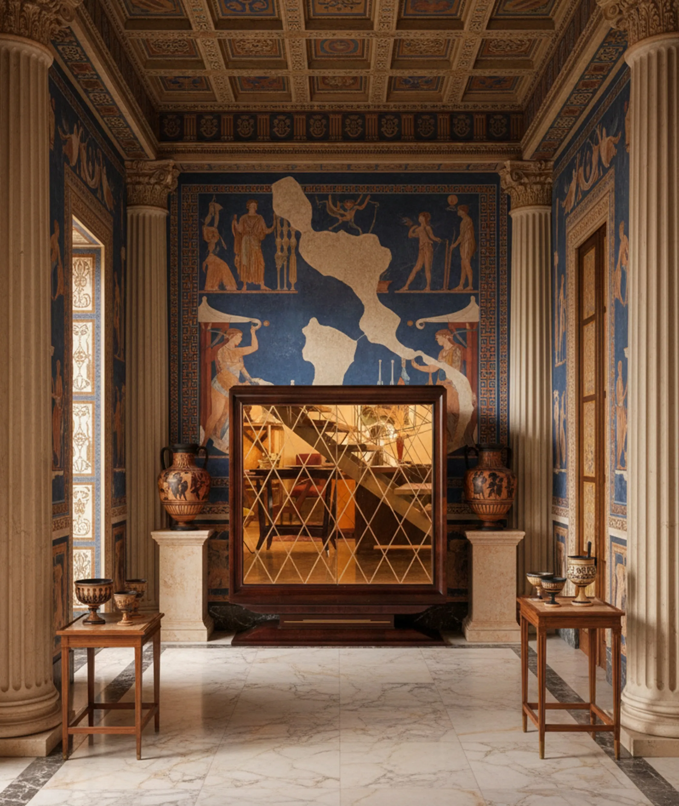 antique bar cabinet with mirror in an elegant living room with columns