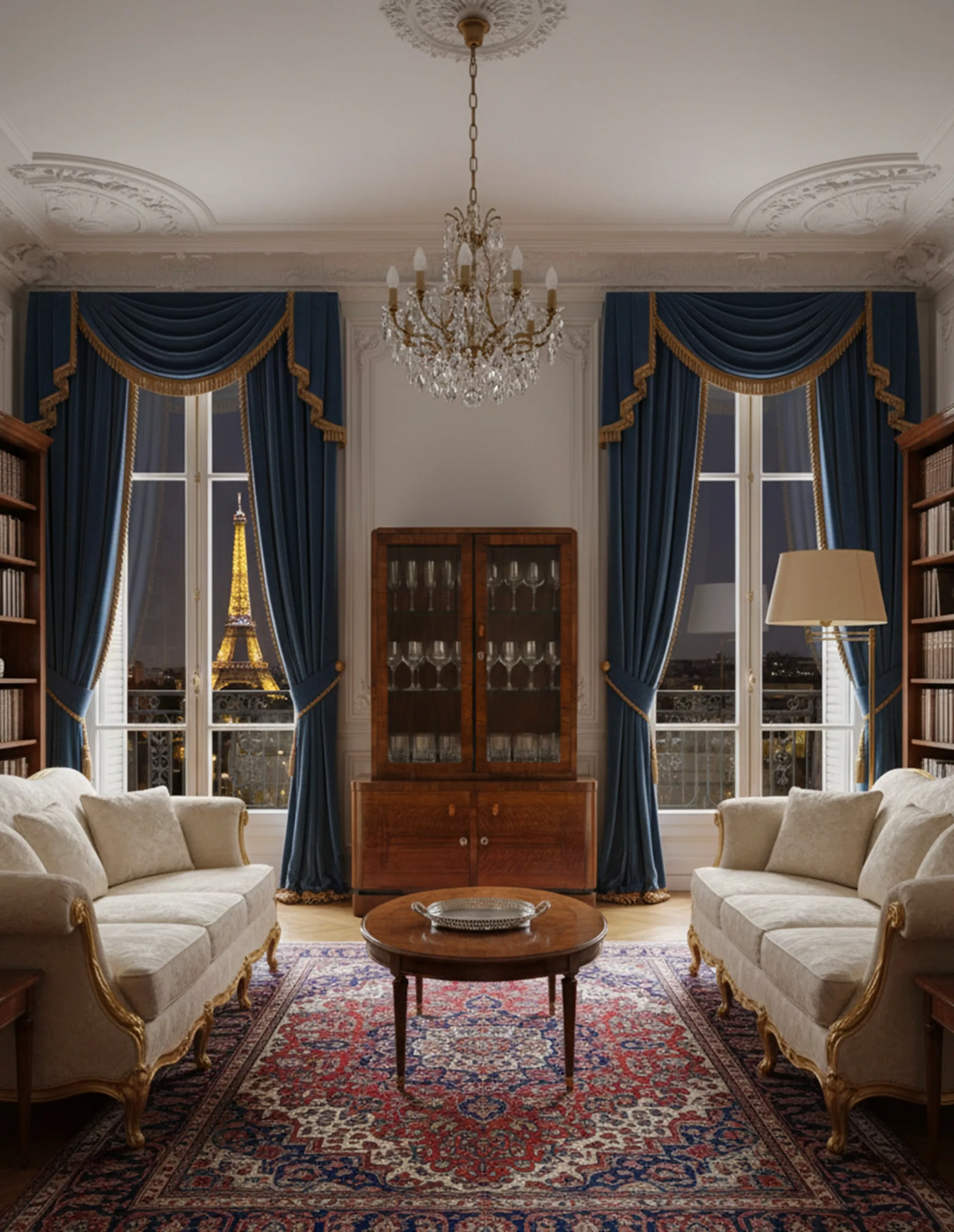 antique bookcase in an elegant room with sofa and table