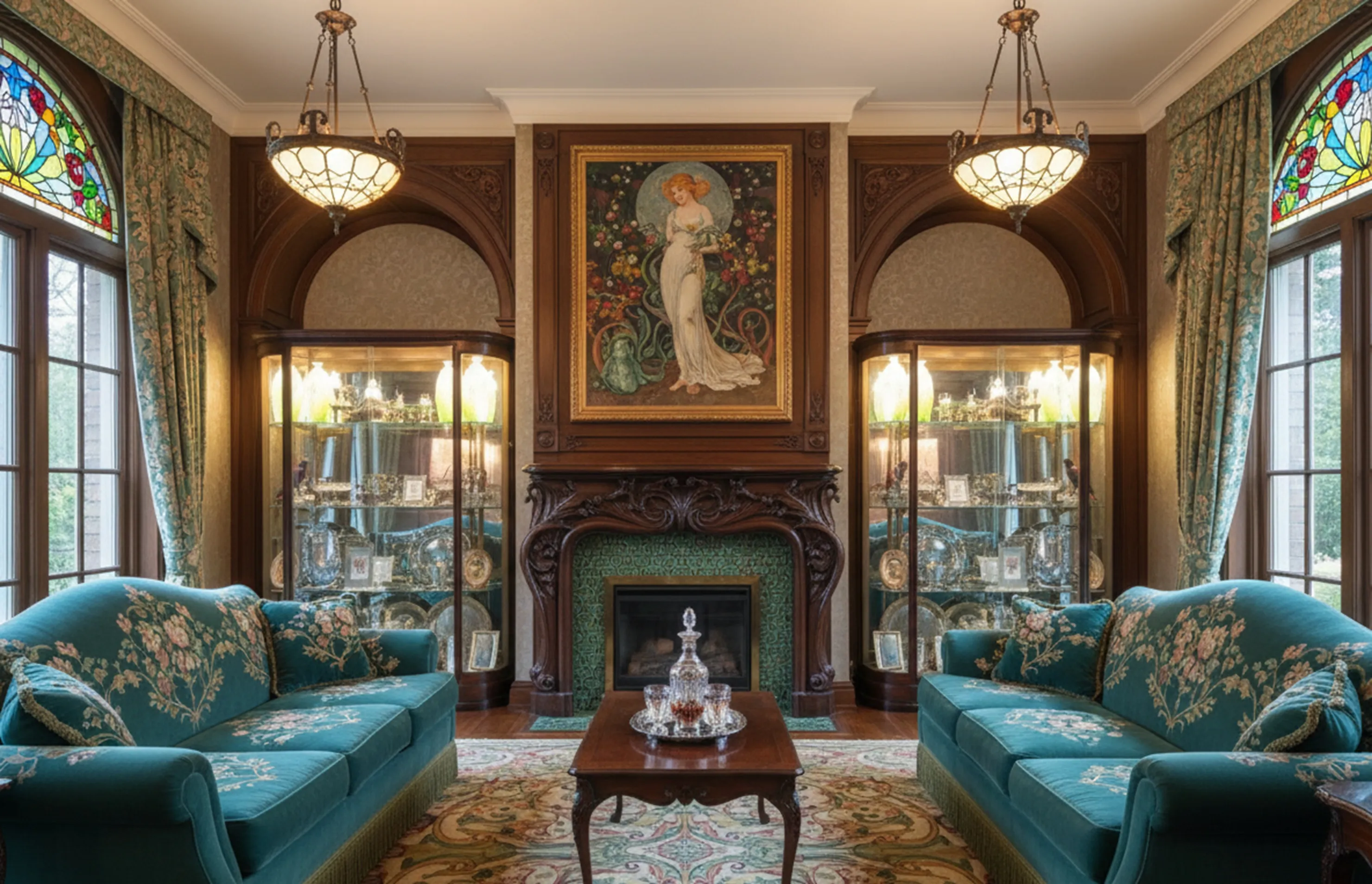 Two antique display cabinets in an elegantly decorated living room