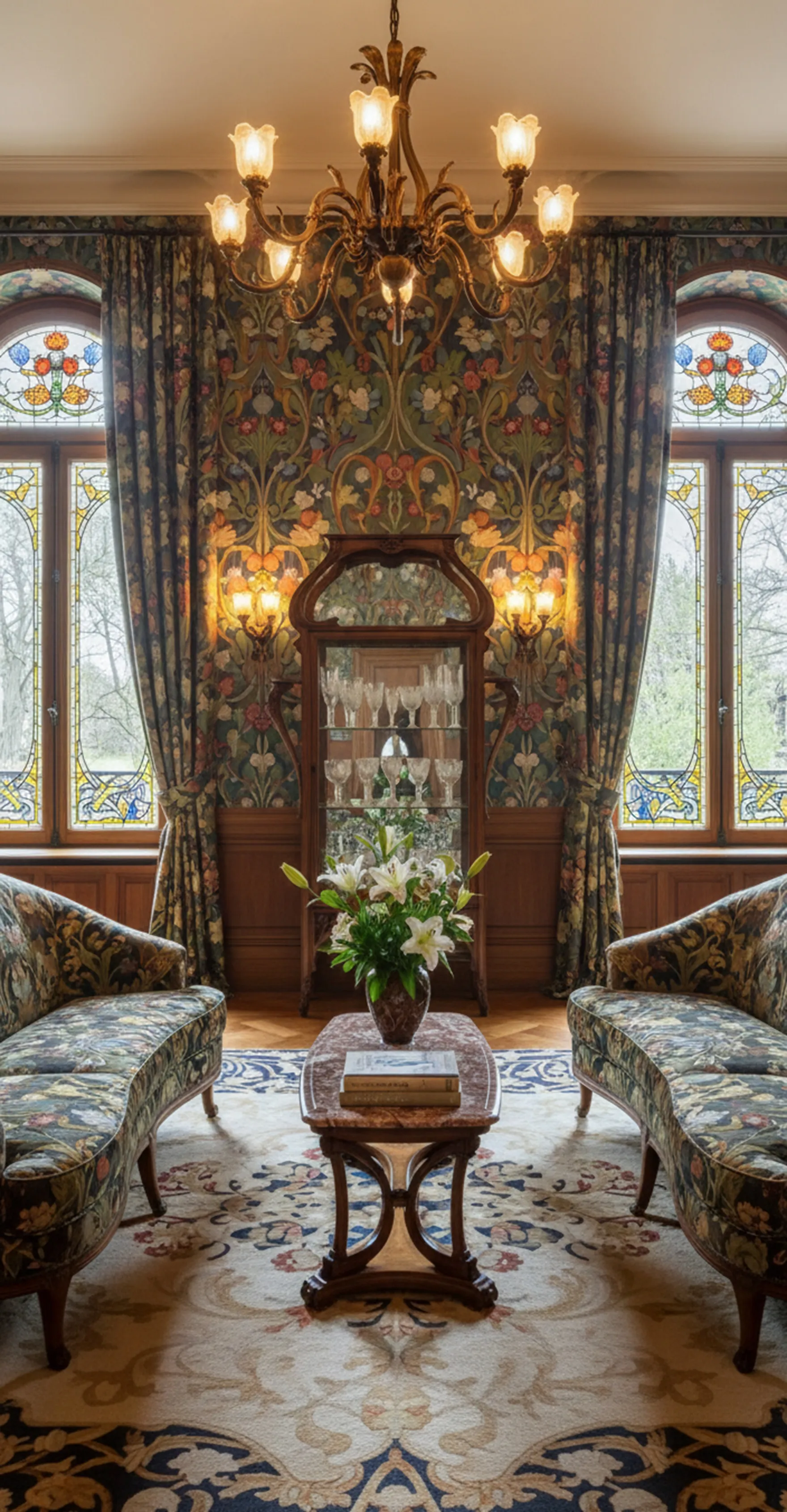 Antique display cabinet in a decorated living room with flowers.