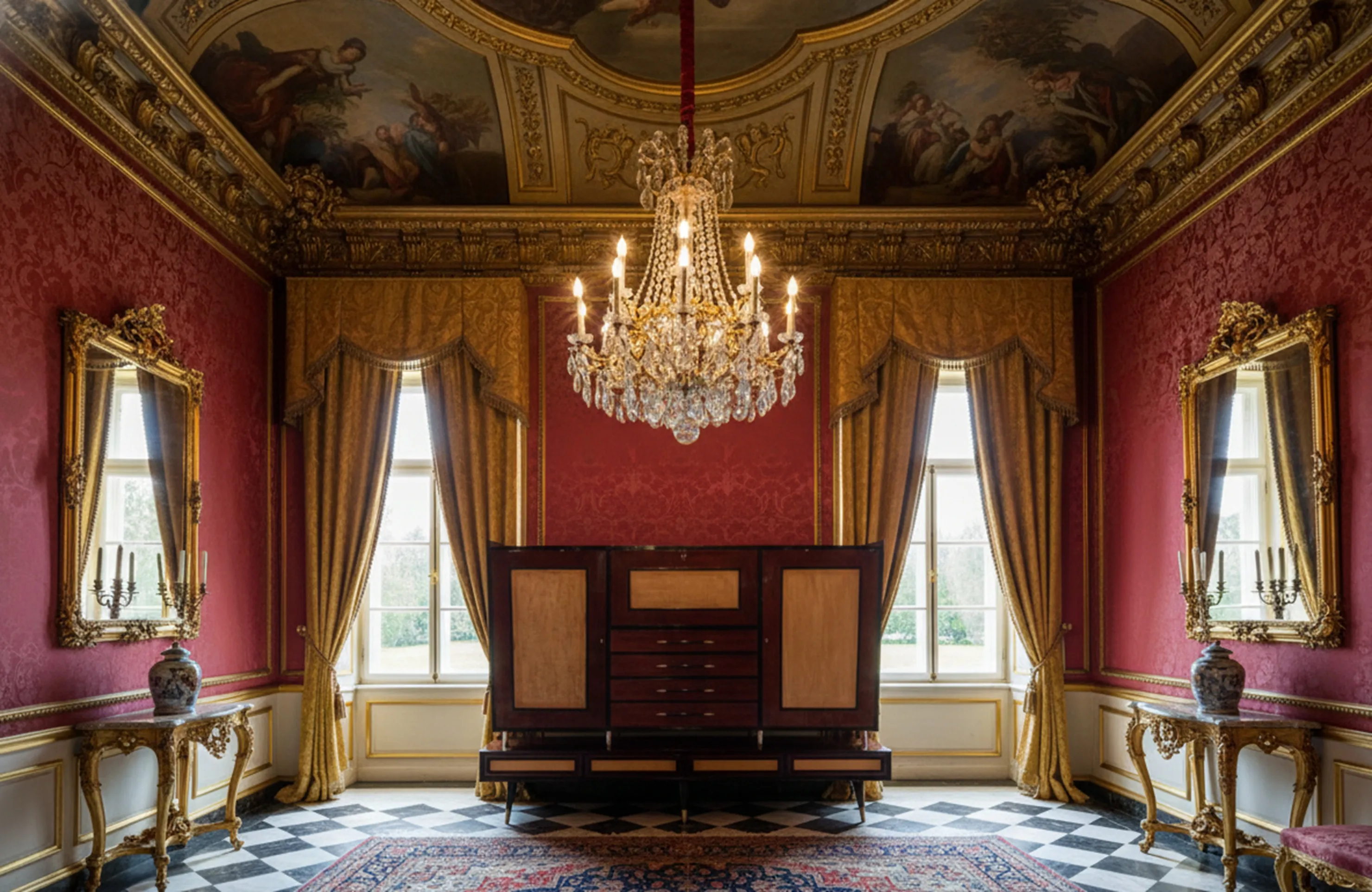 antique bookcase in an elegant living room with chandeliers