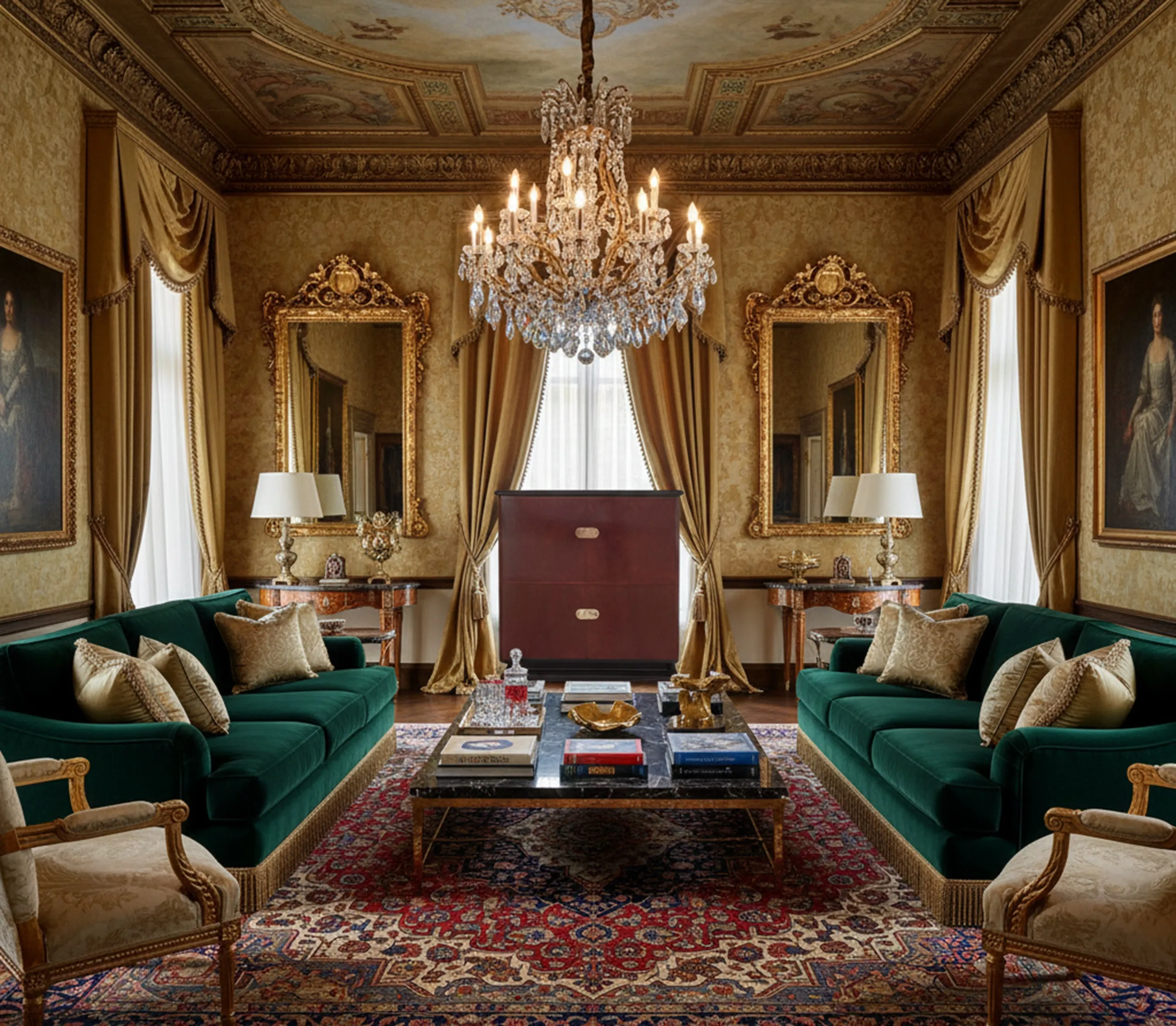 antique bookcase with classic decor and paintings