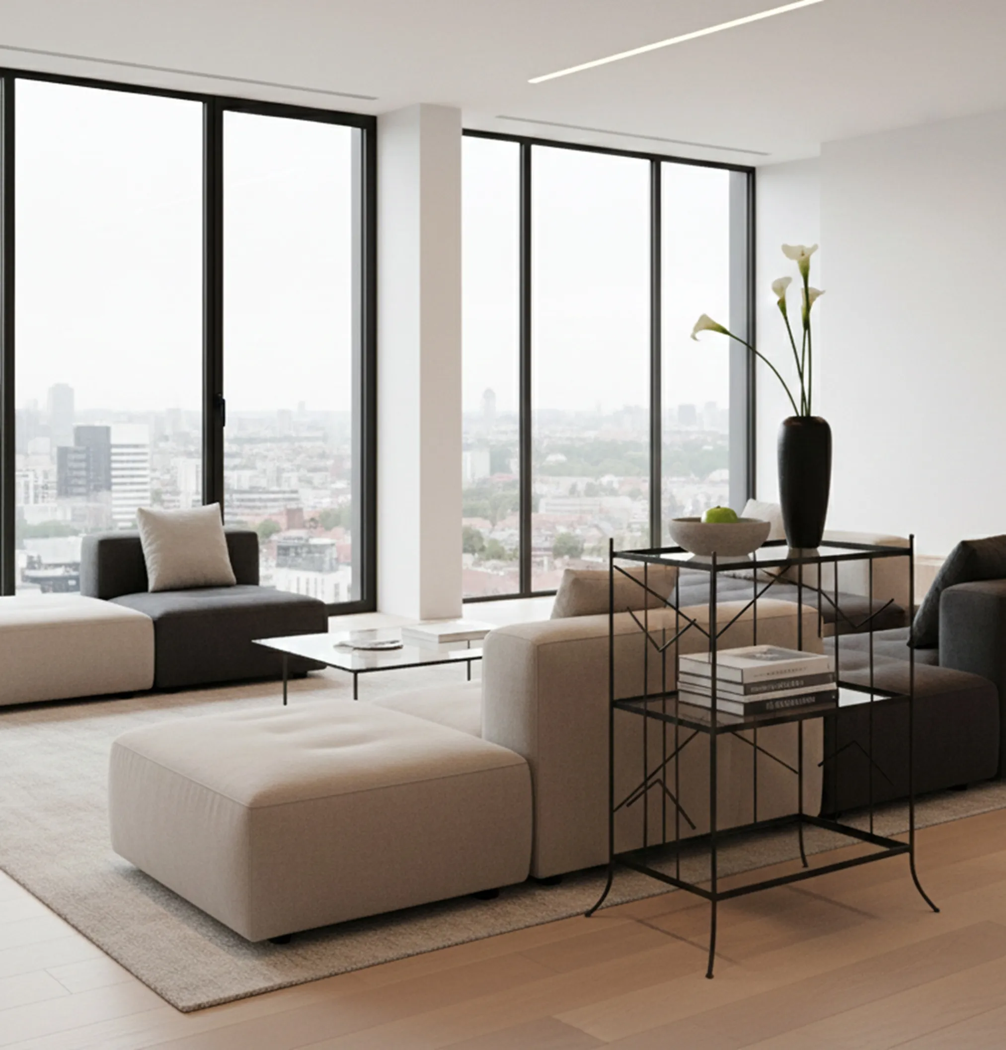 Antique bookcase in a modern space, with cushions and a table