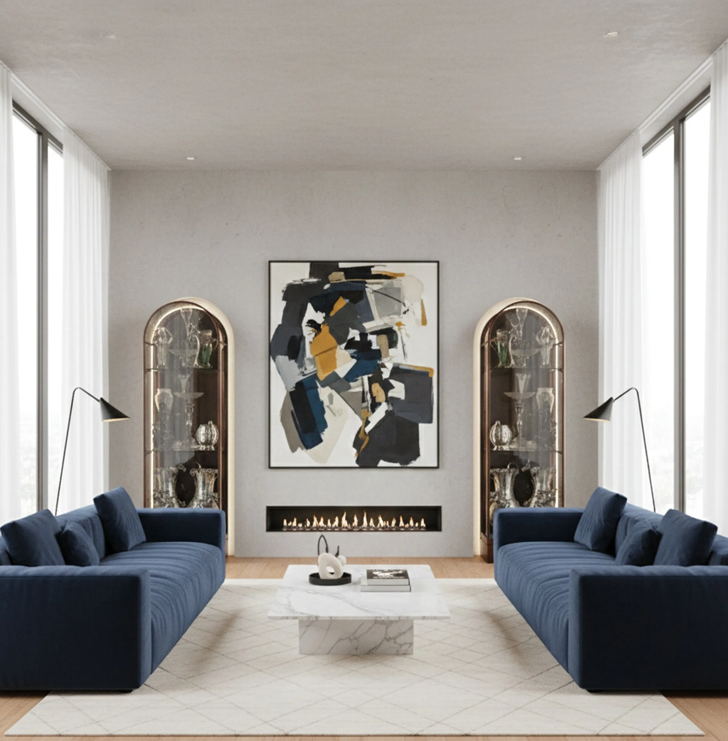 Two antique display cabinets in a modern room, showcasing decorative items surrounded by an elegant atmosphere.