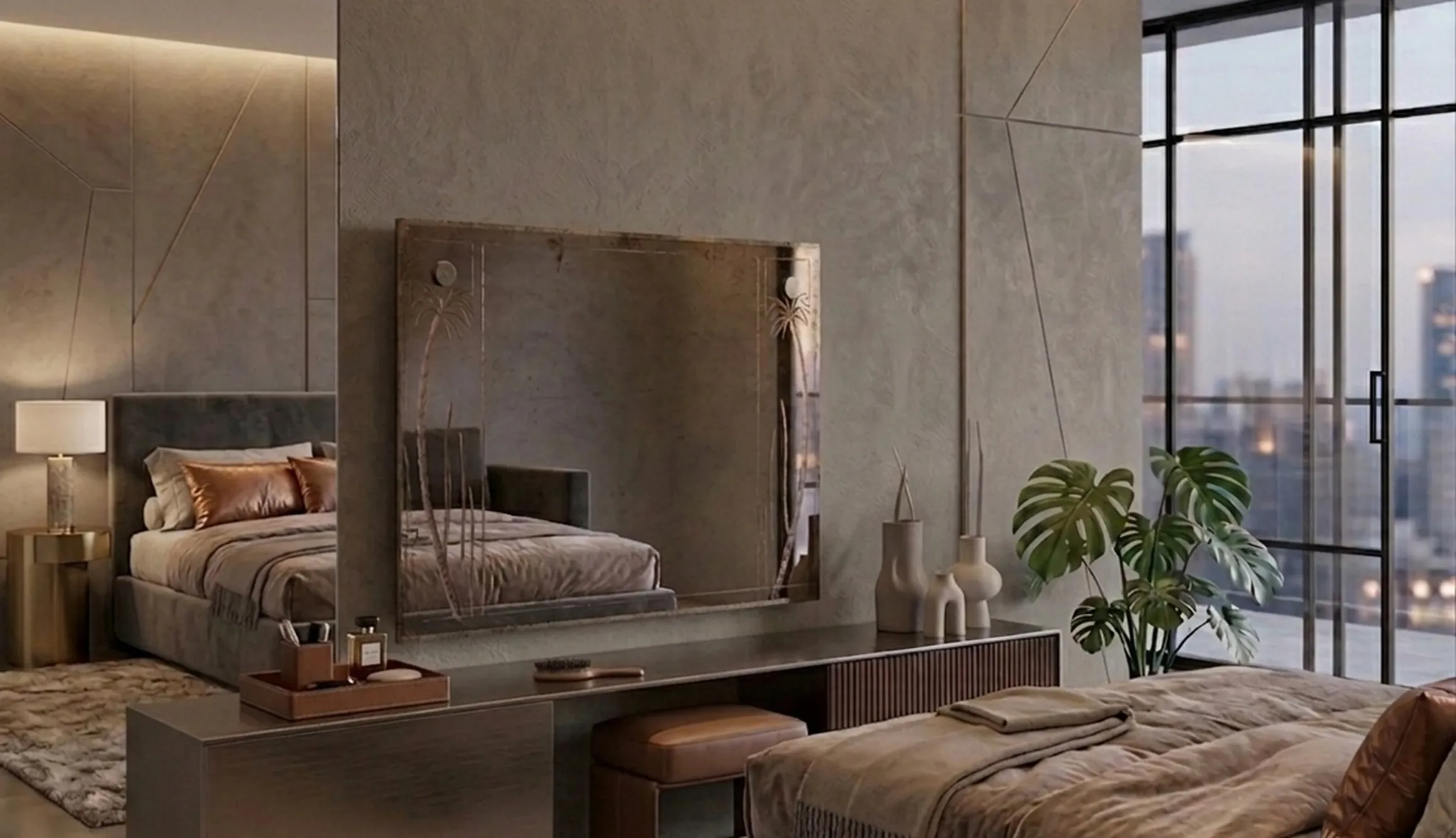 decorative antique mirror in a modern setting with bed and plants