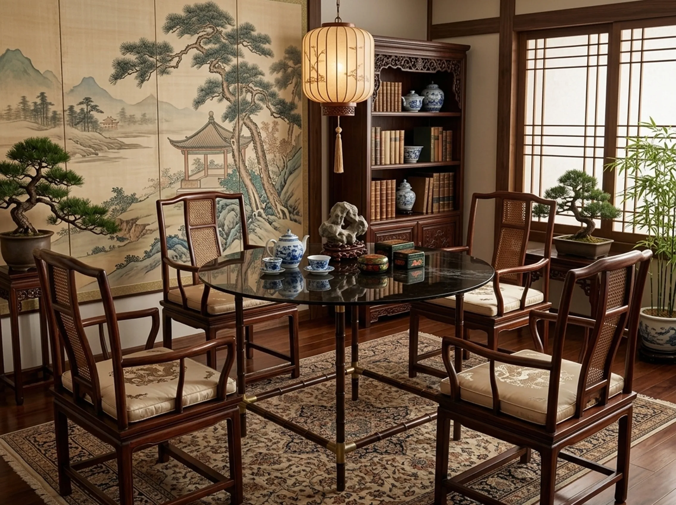 Antique dining table with four chairs in a stylish setting.