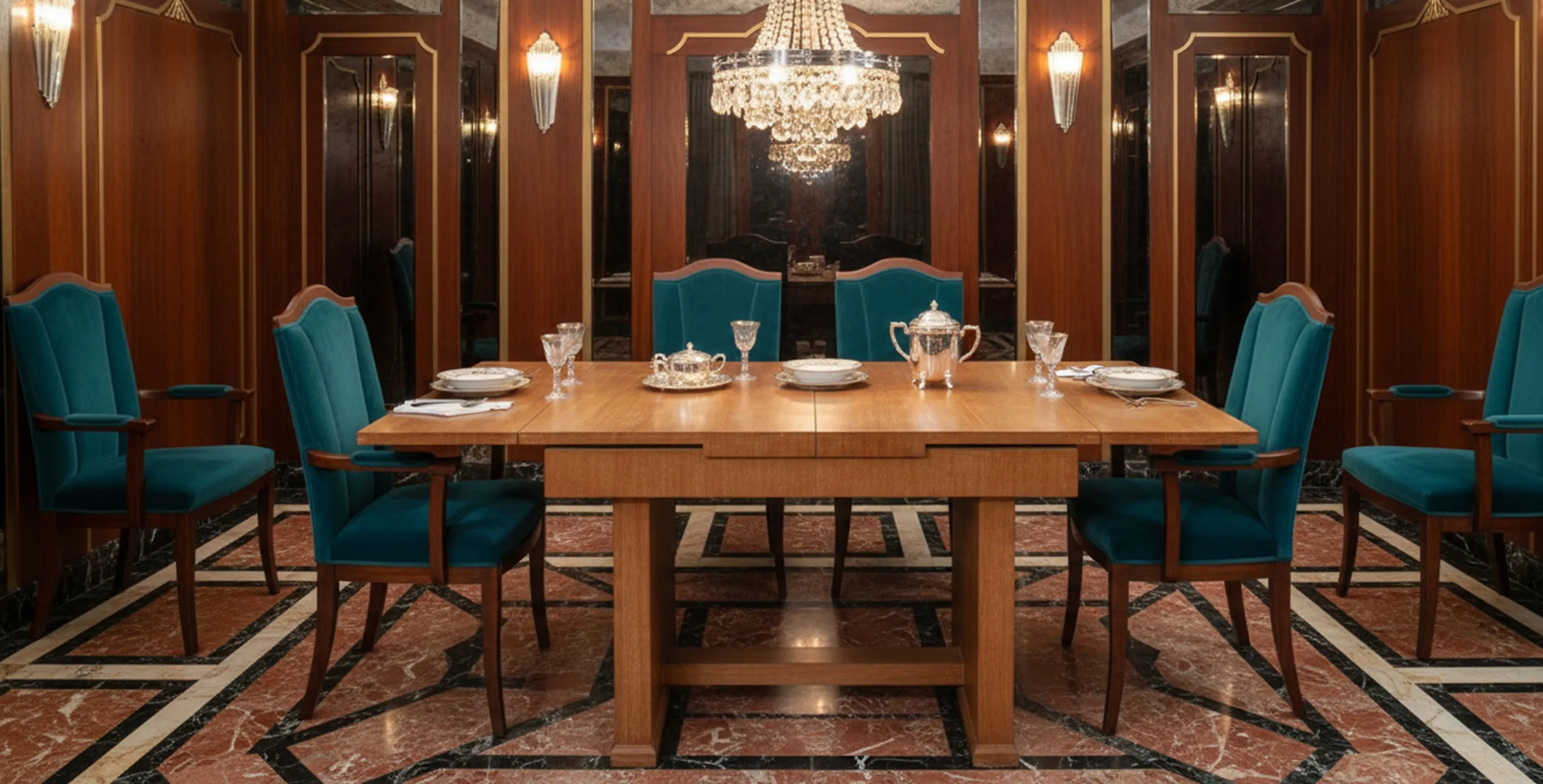 Antique dining table for 6 or 4 people in an elegant setting with dishes and glasses.