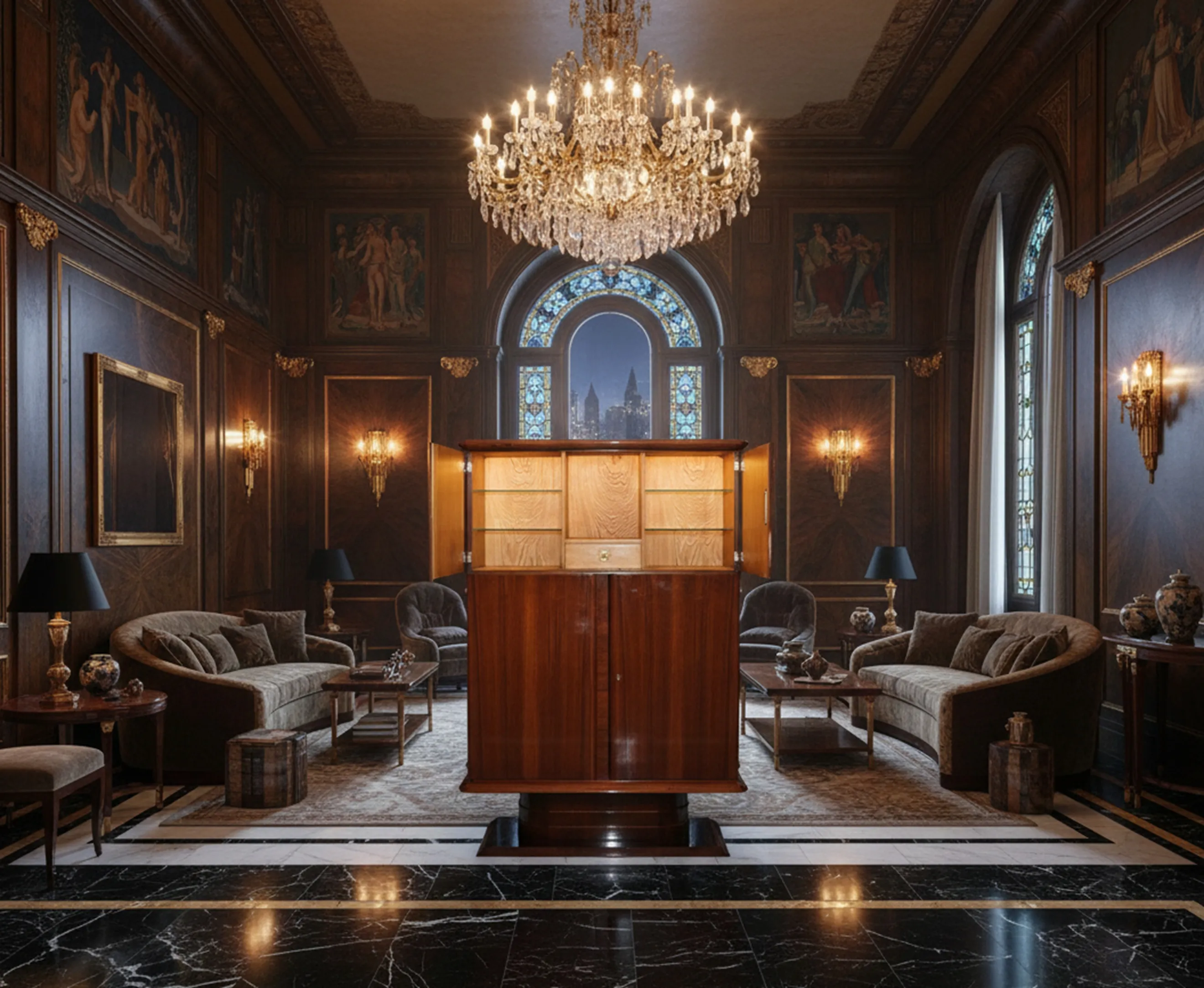 Antique bar in an elegant living room with chandelier and classic art.