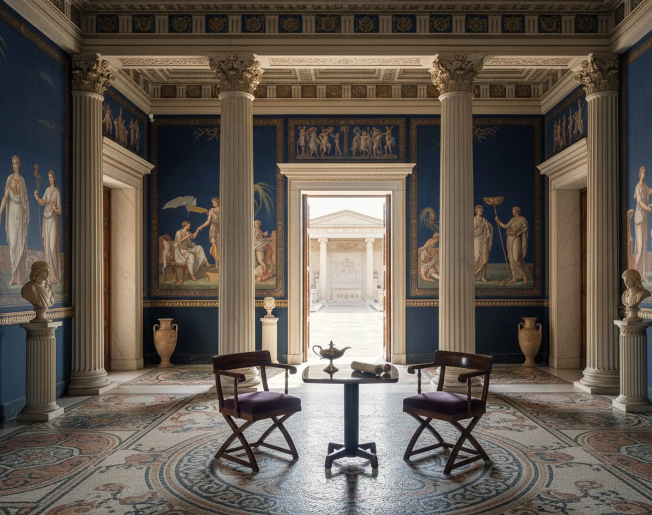 antique small table in a classic environment with columns and murals