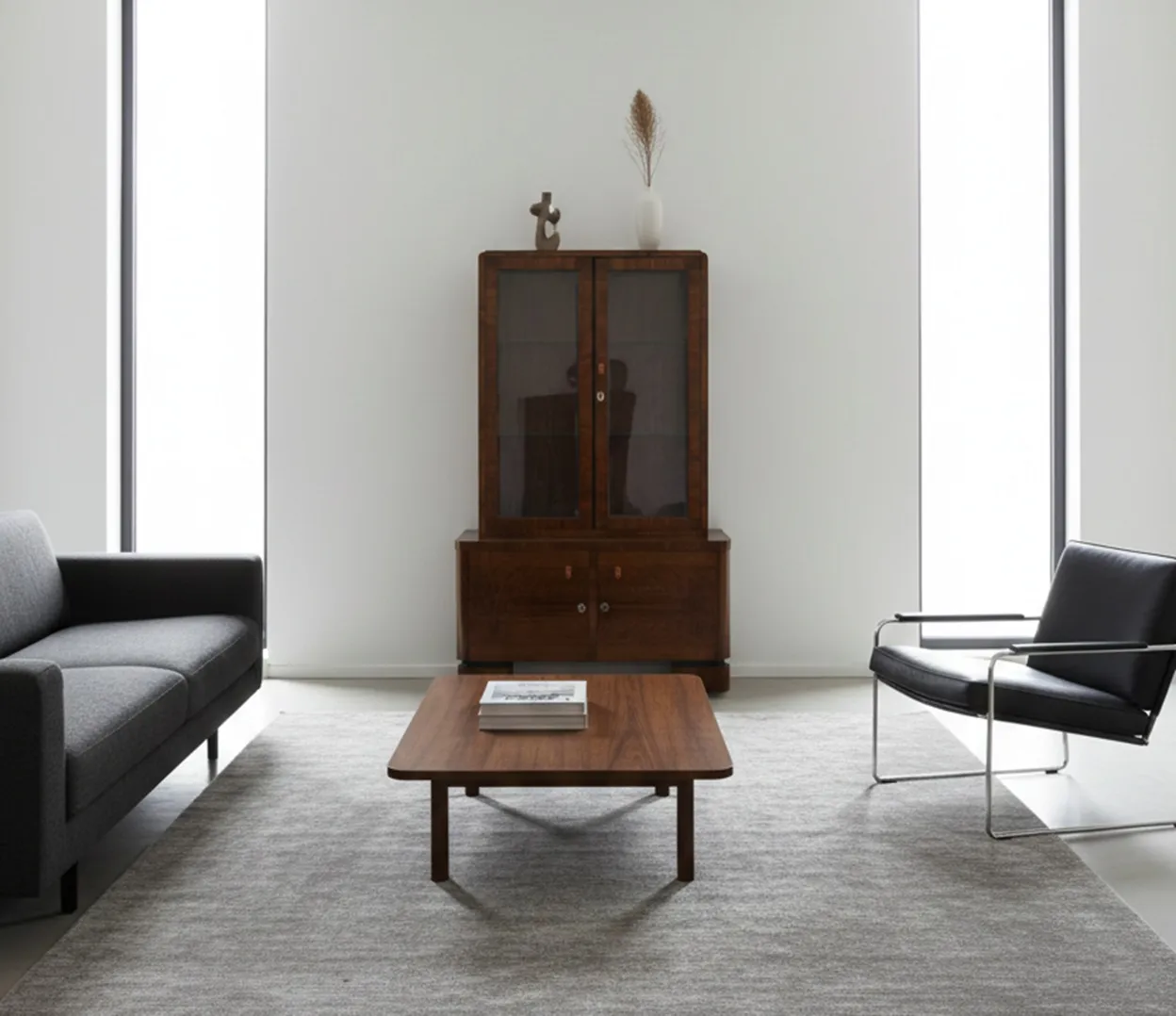 Antique bookcase with shelves and doors, classic style in a modern setting.