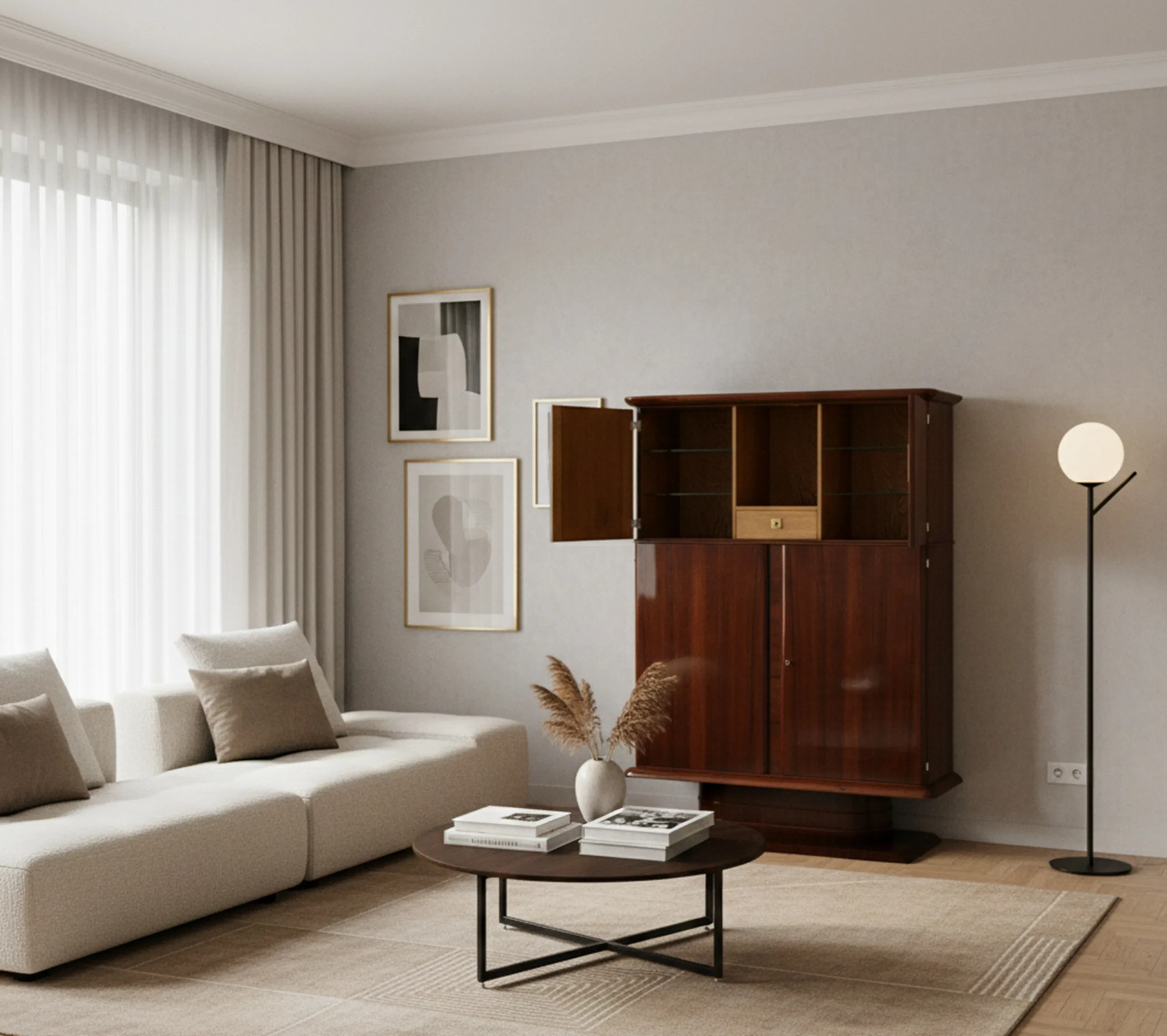 antique bookcase in a cozy living room environment.
