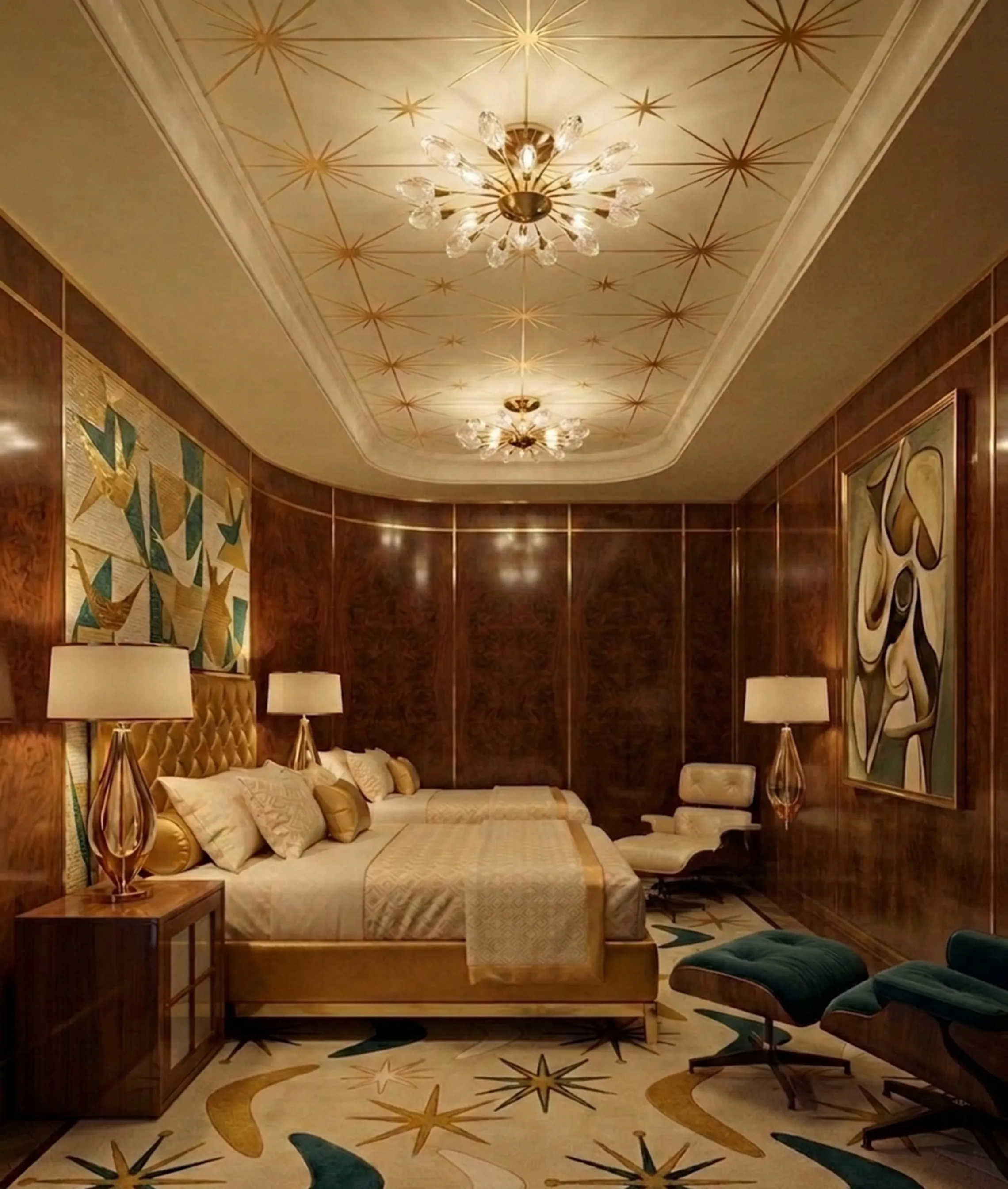 antique bedside tables next to bed with glass lamps