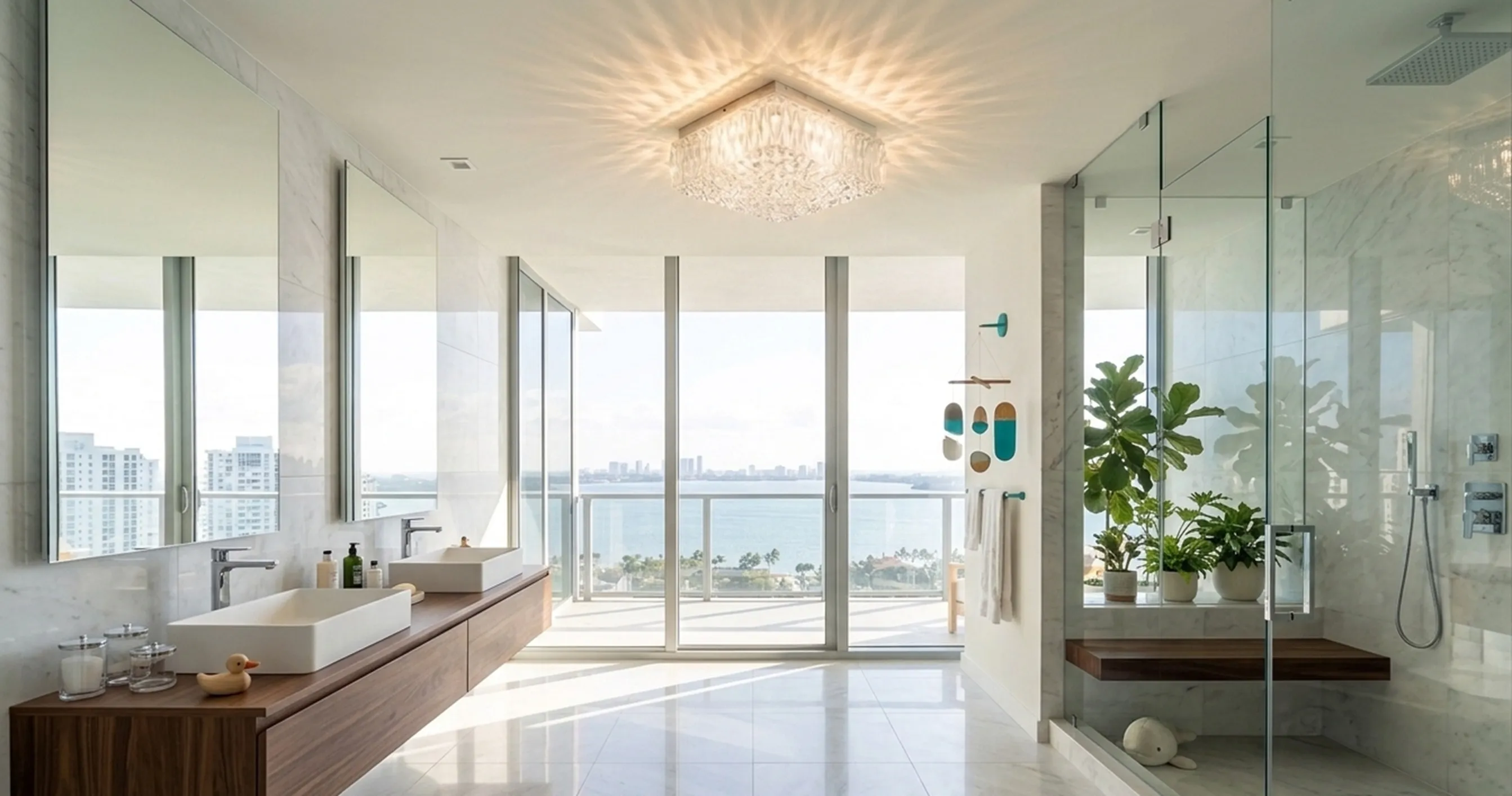 Elegant antique ceiling light in the bathroom with soft lighting and panoramic views.