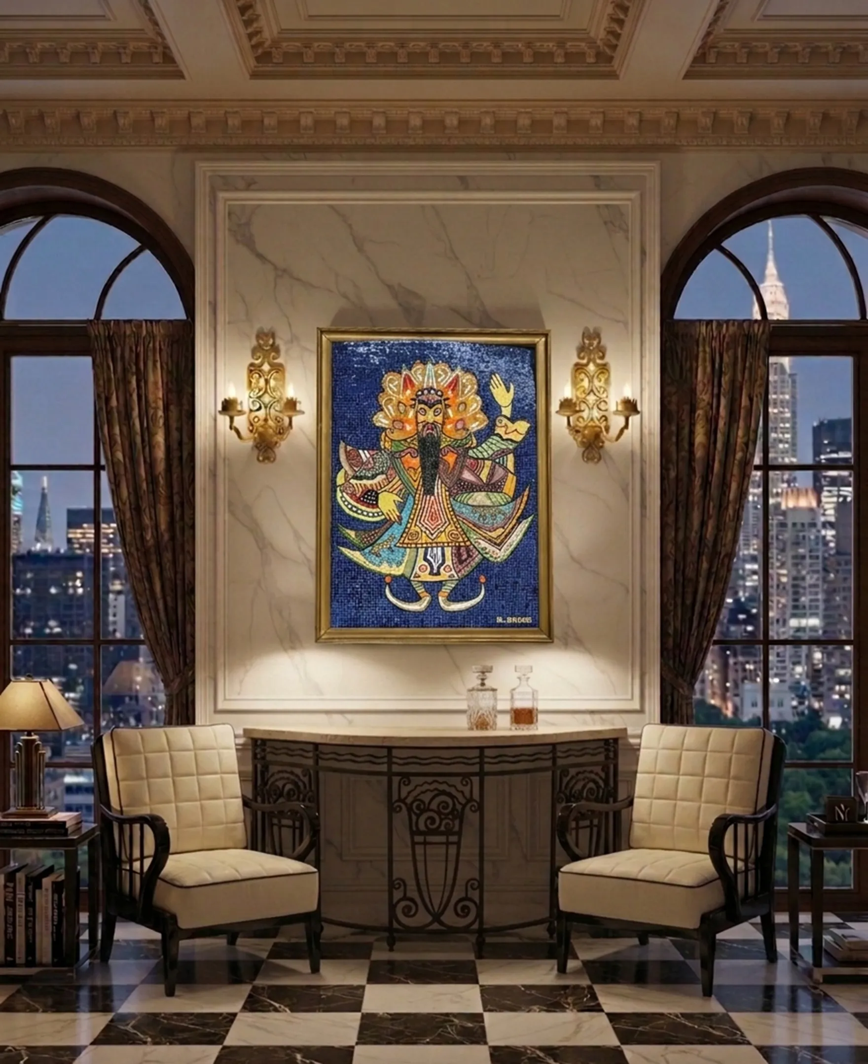 Quadro de mosaico antigo na parede com design divino e cores vibrantes em um ambiente elegante.