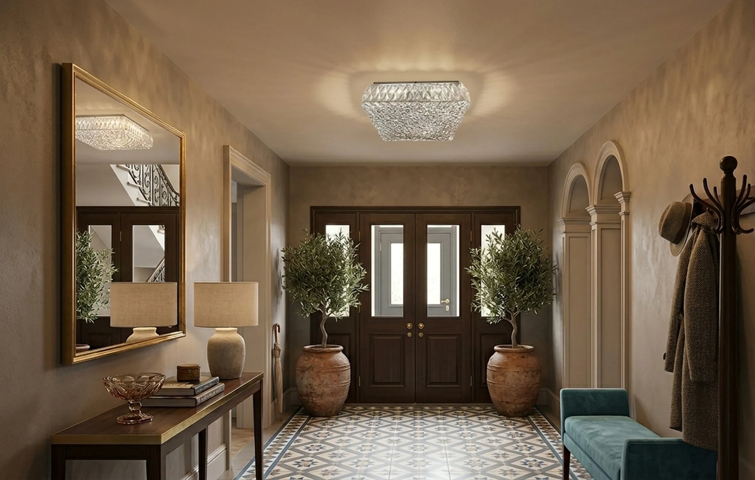 antique ceiling light with decorative design illuminating a hallway