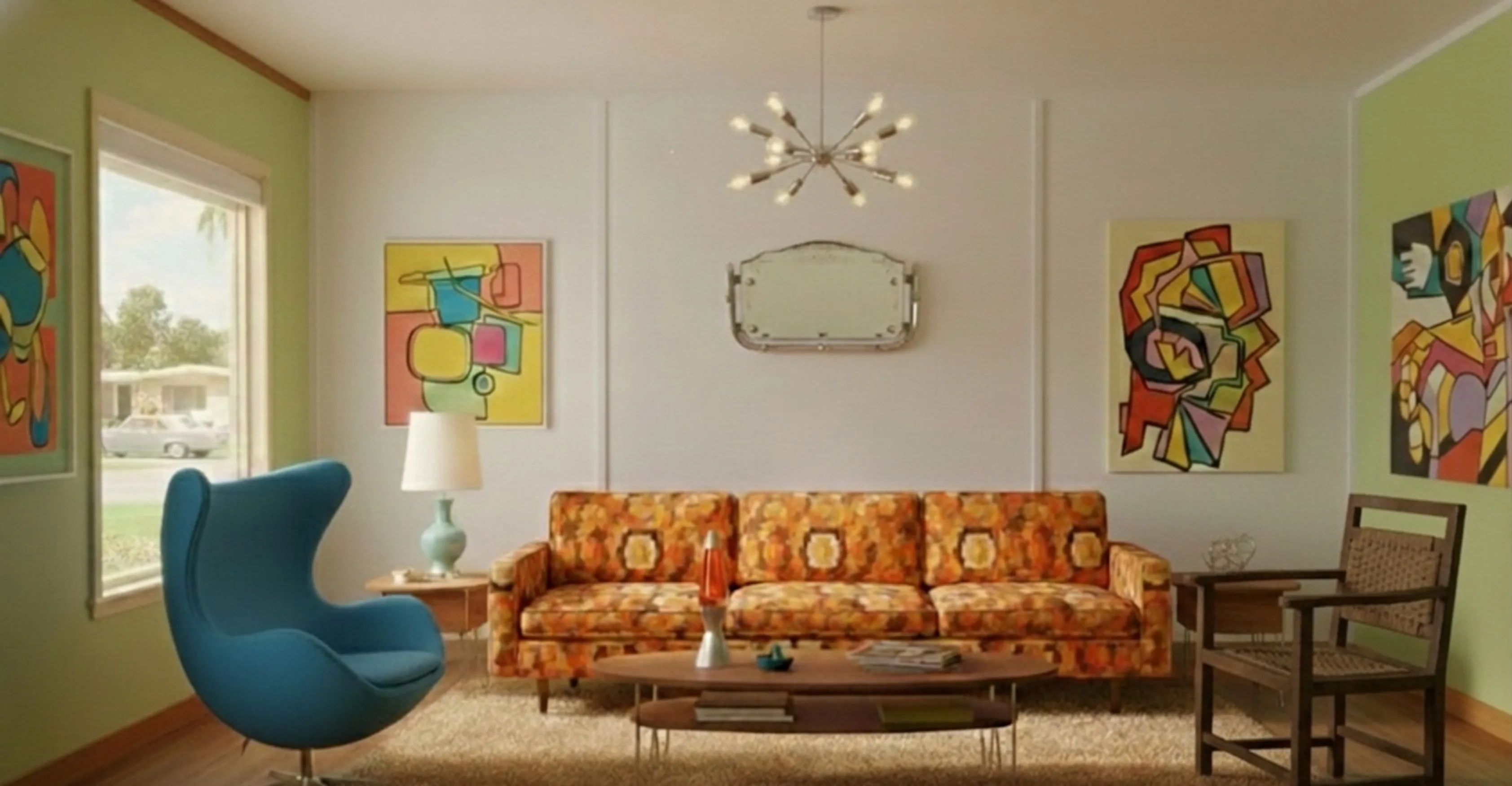 poltrona antica comoda con lampada e arte moderna