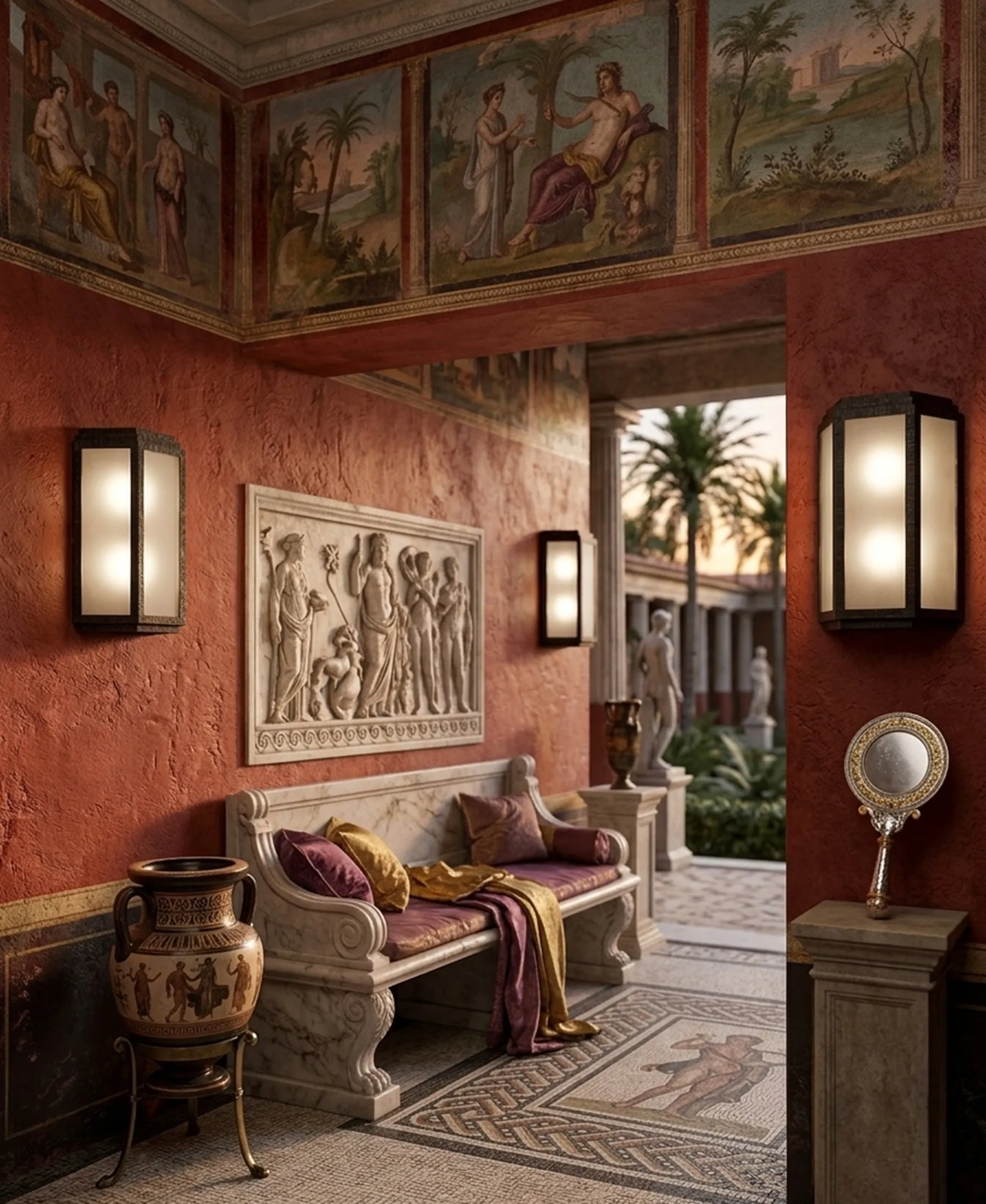 Classic setting with a pair of antique sconces, sofa, and artistic decor.