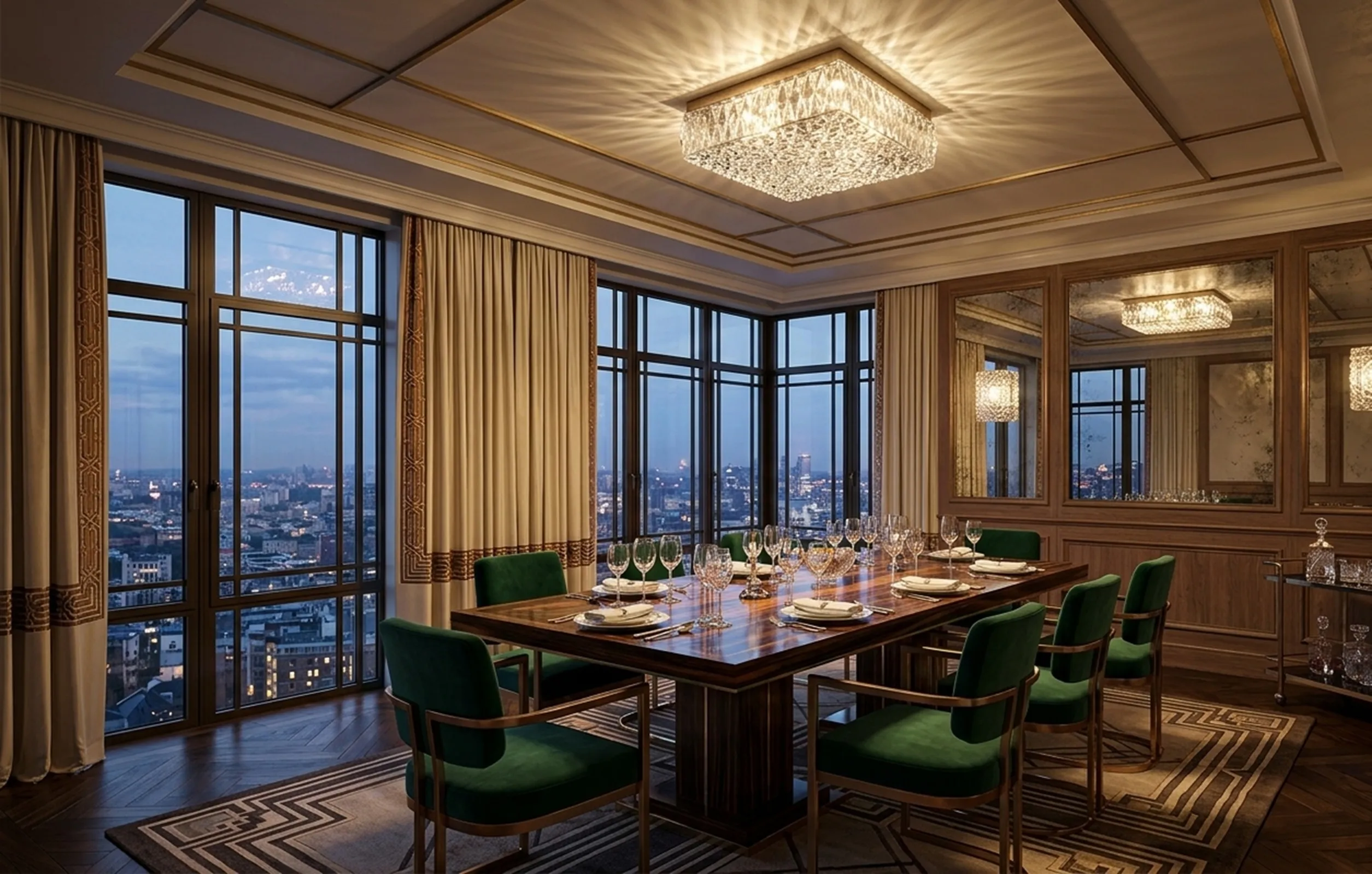 antique ceiling light illuminating an elegant dining room with a view