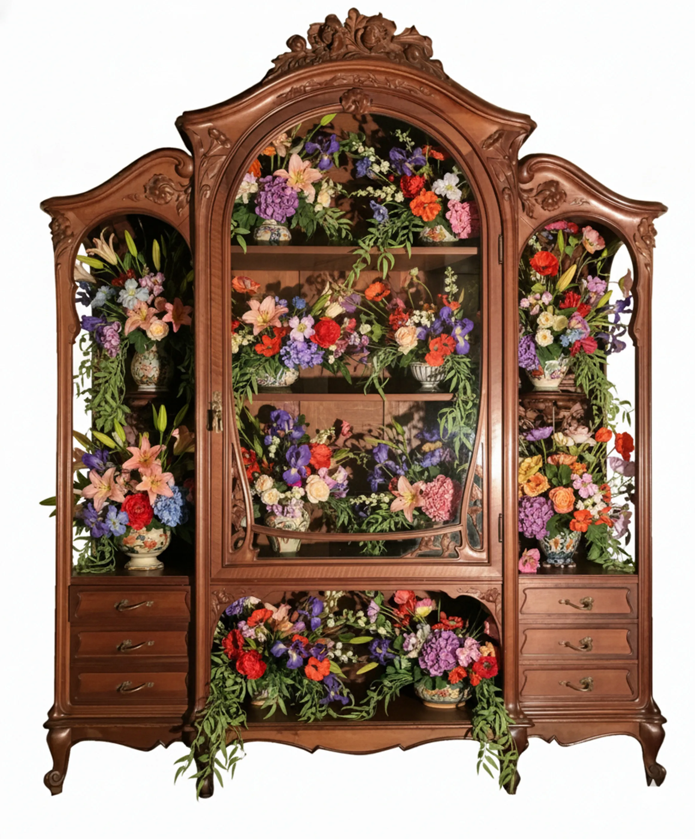 Antique display cabinet E.Dienst from Paris adorned with colorful flowers.