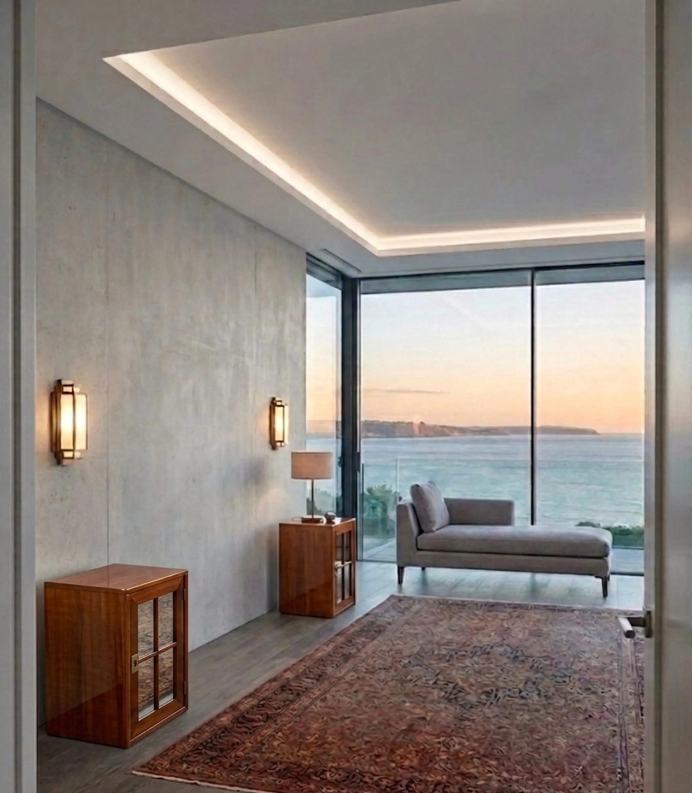 Antique bedside tables in a modern setting, with soft lighting