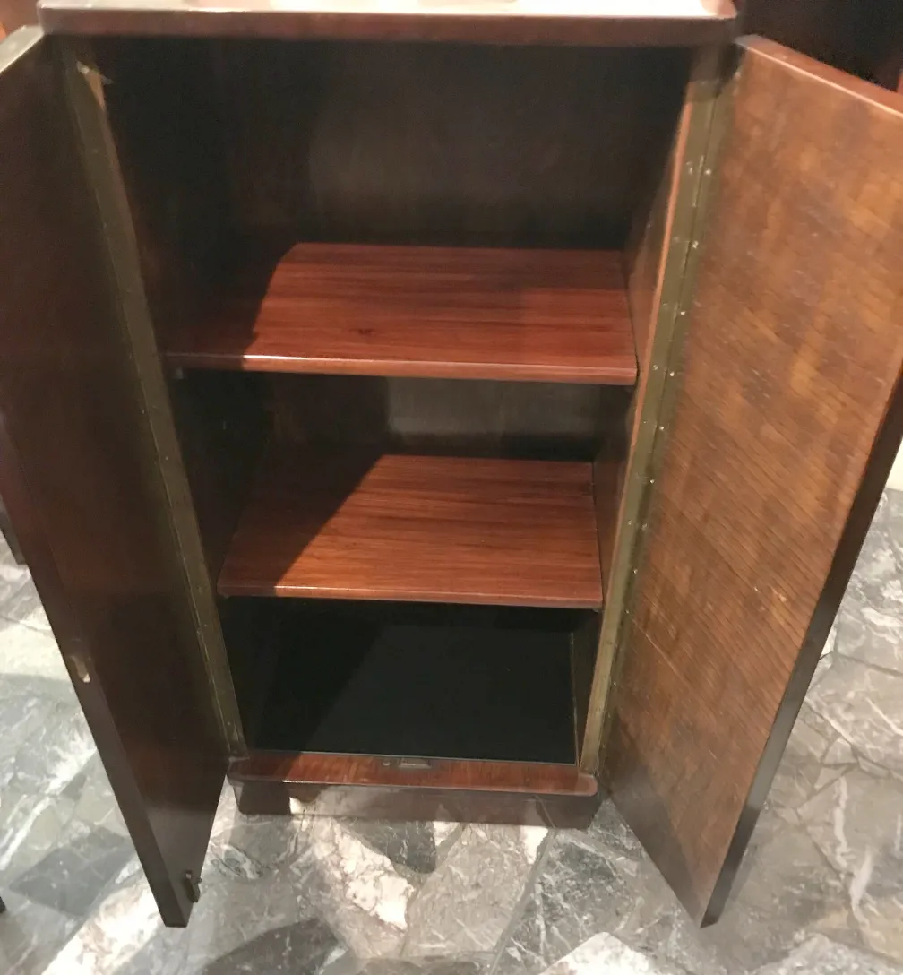 Antique bookcase with dark wooden doors and shelves.