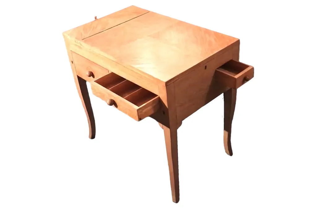 Wooden antique desk with two visible drawers, classic style.