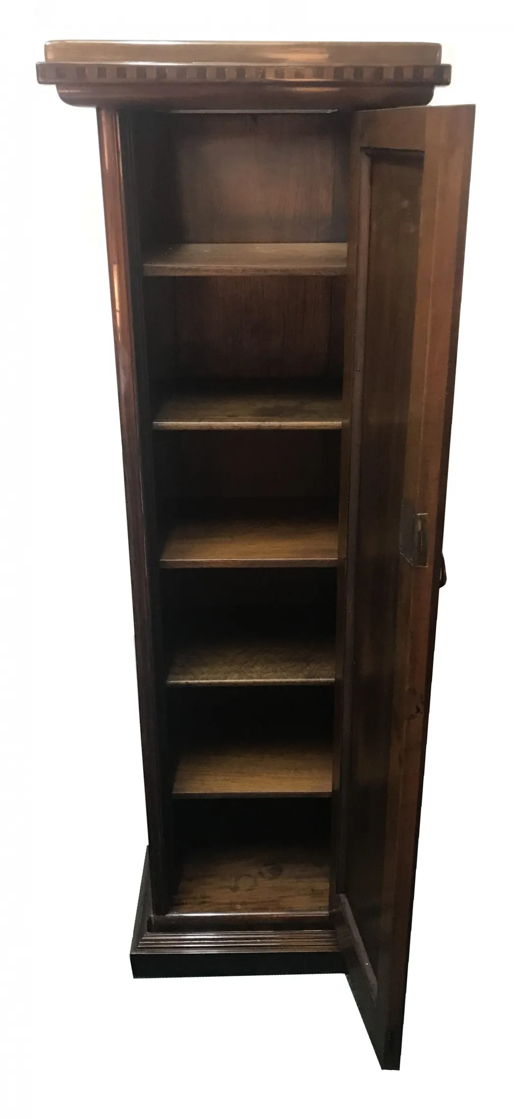 Antique wooden shelving with columns and open interior.