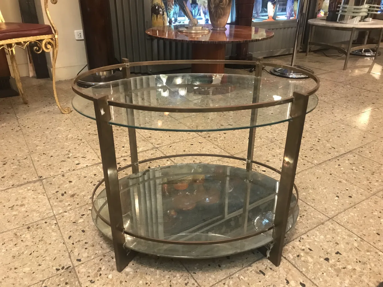 Antique bar with glass shelves in a stylish setting.