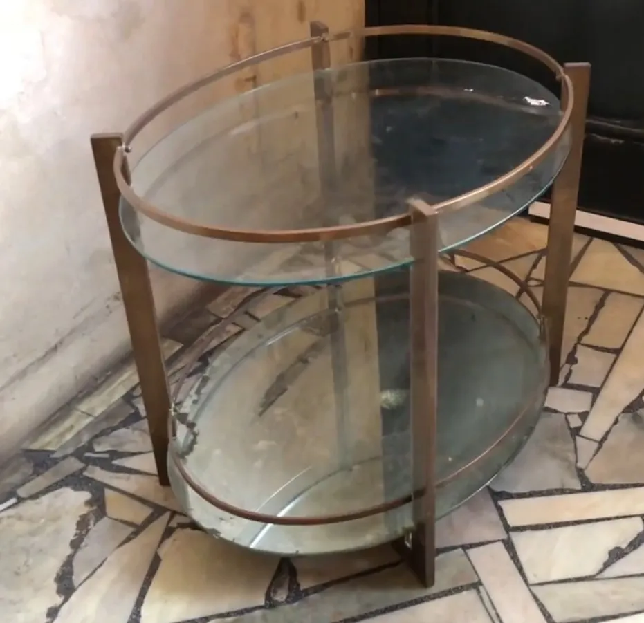 Antique bar with metal structure and two glass shelves