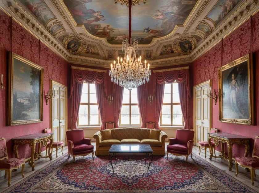 Antique garden table in a richly decorated setting.