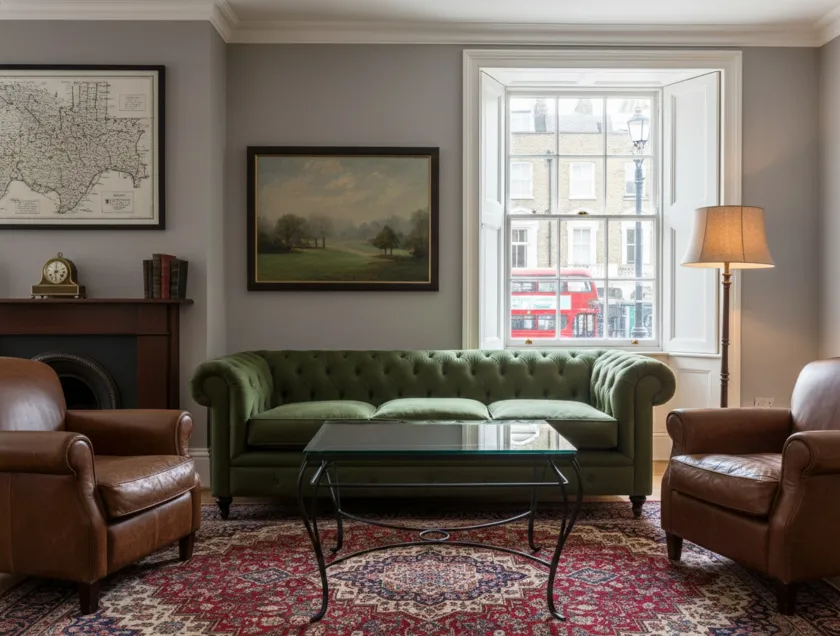 Antique table in a cozy setting with green sofa and leather armchairs, decorated with a lamp