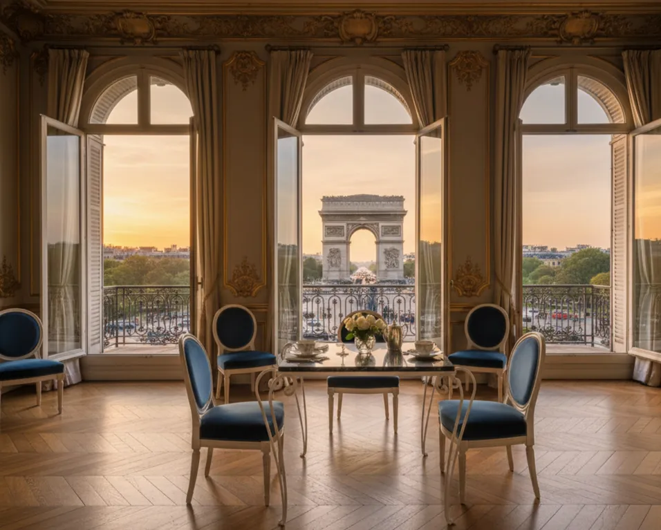 antique table with a view of the arc de triomphe and chairs