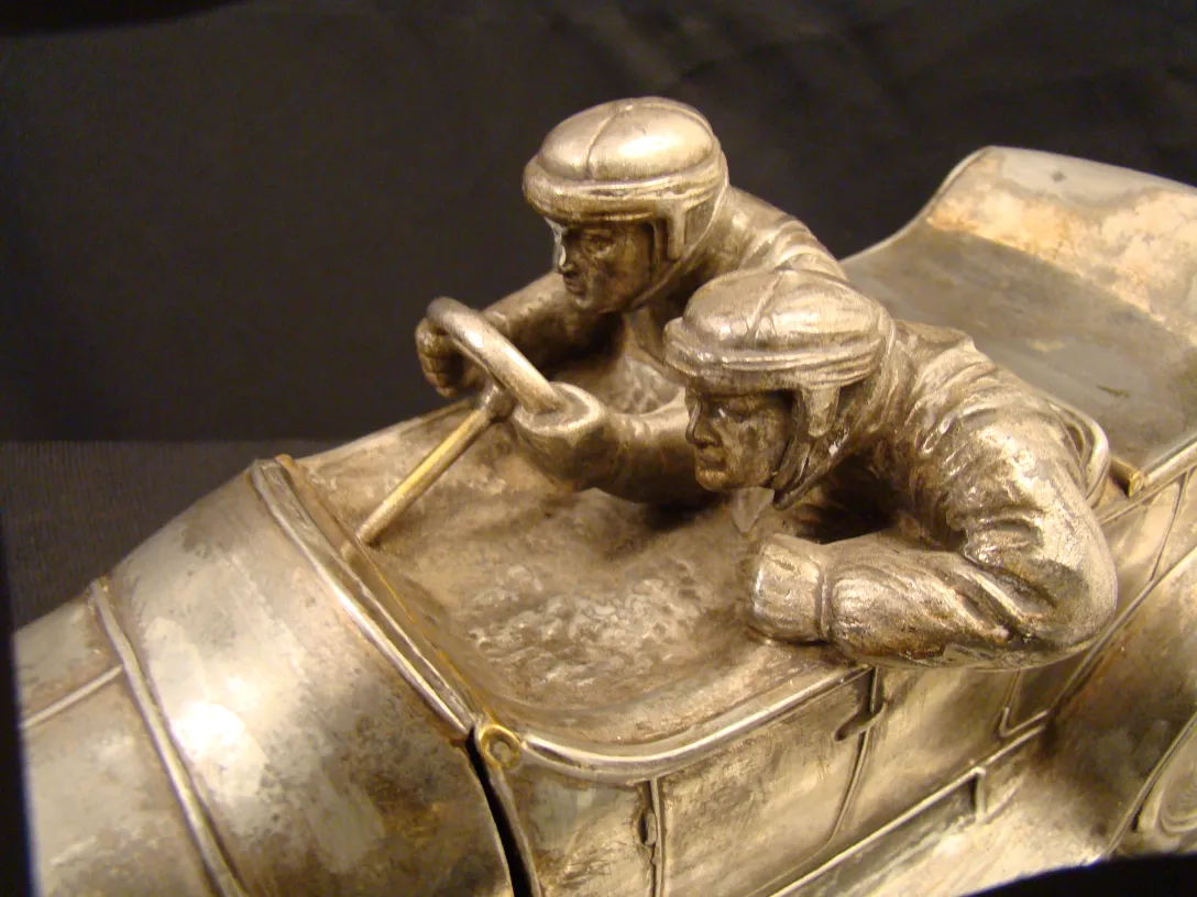 Antique inkwell WMF featuring two racing drivers in a car