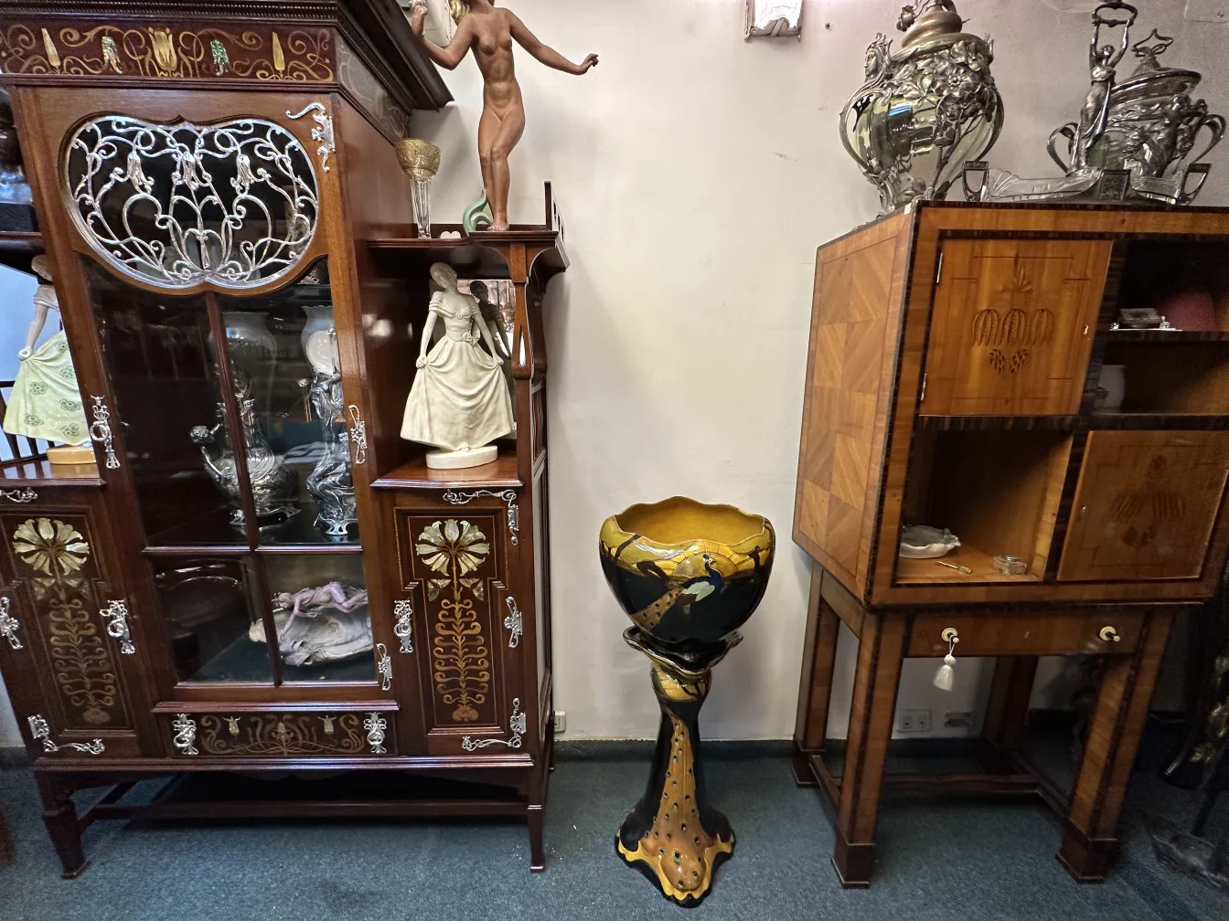 antique planter in yellow and black, featuring intricate design