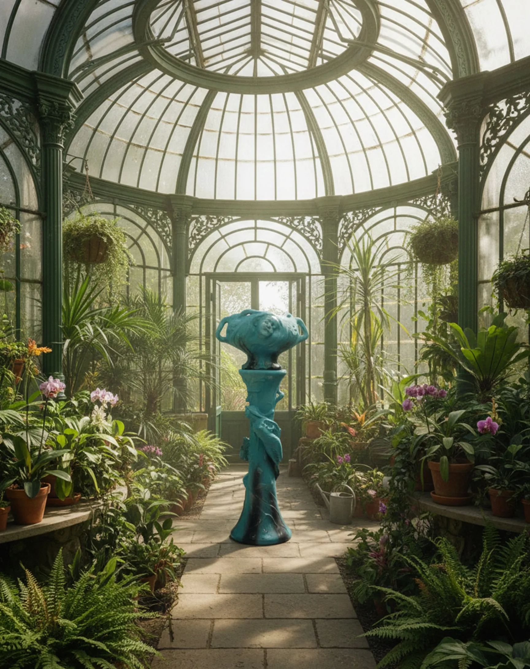 Shiny antique planter in a greenhouse filled with plants
