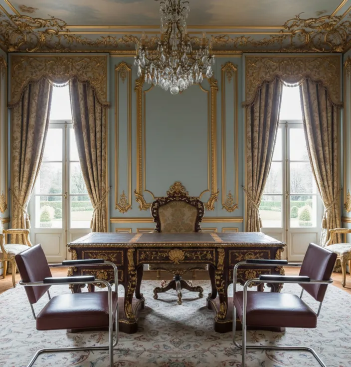 Due poltrone antiche da restaurare in una stanza elegante con decorazioni classiche.