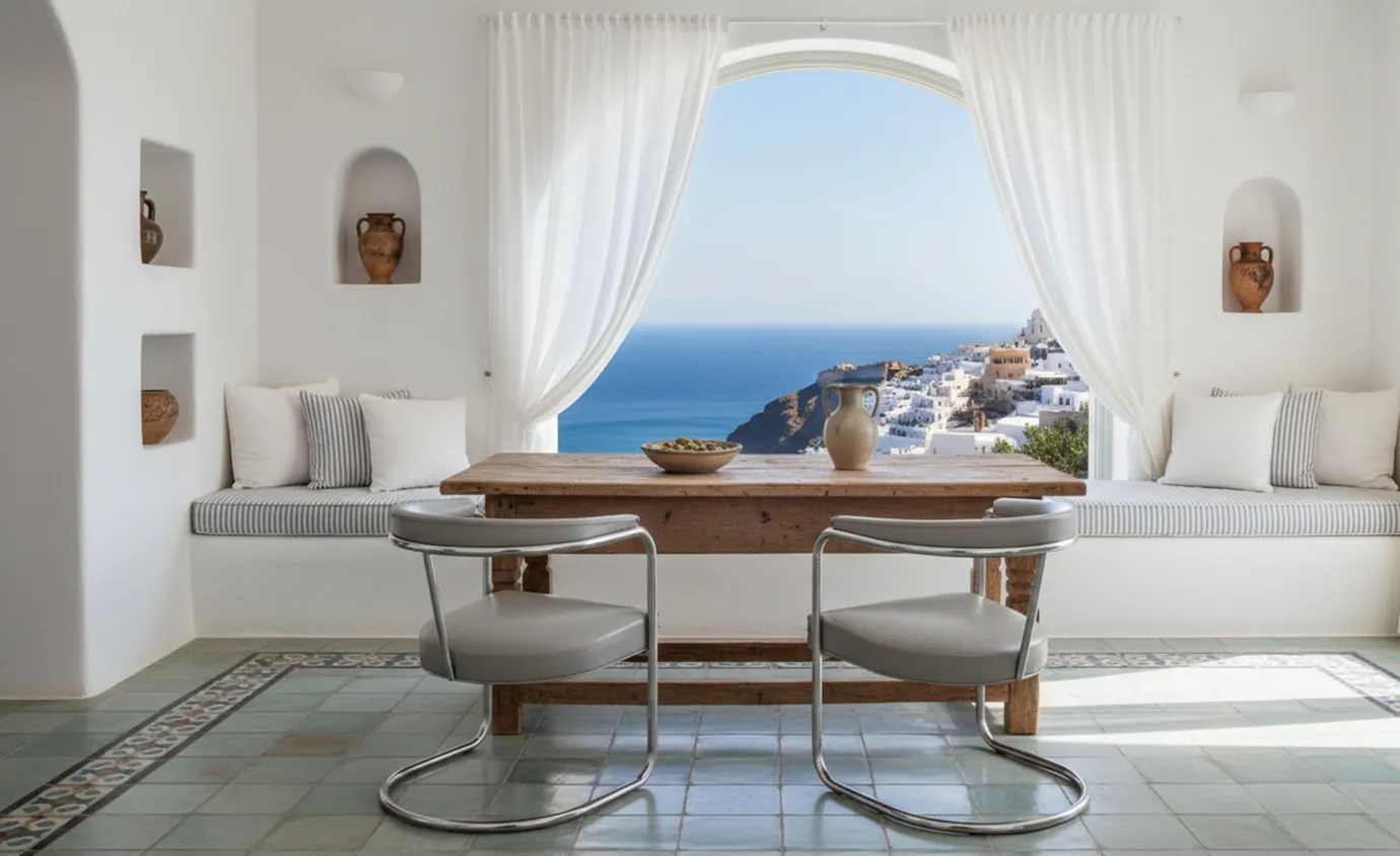 Poltrone antiche che necessitano di restauro in un ambiente accogliente vicino a una finestra con vista mare.